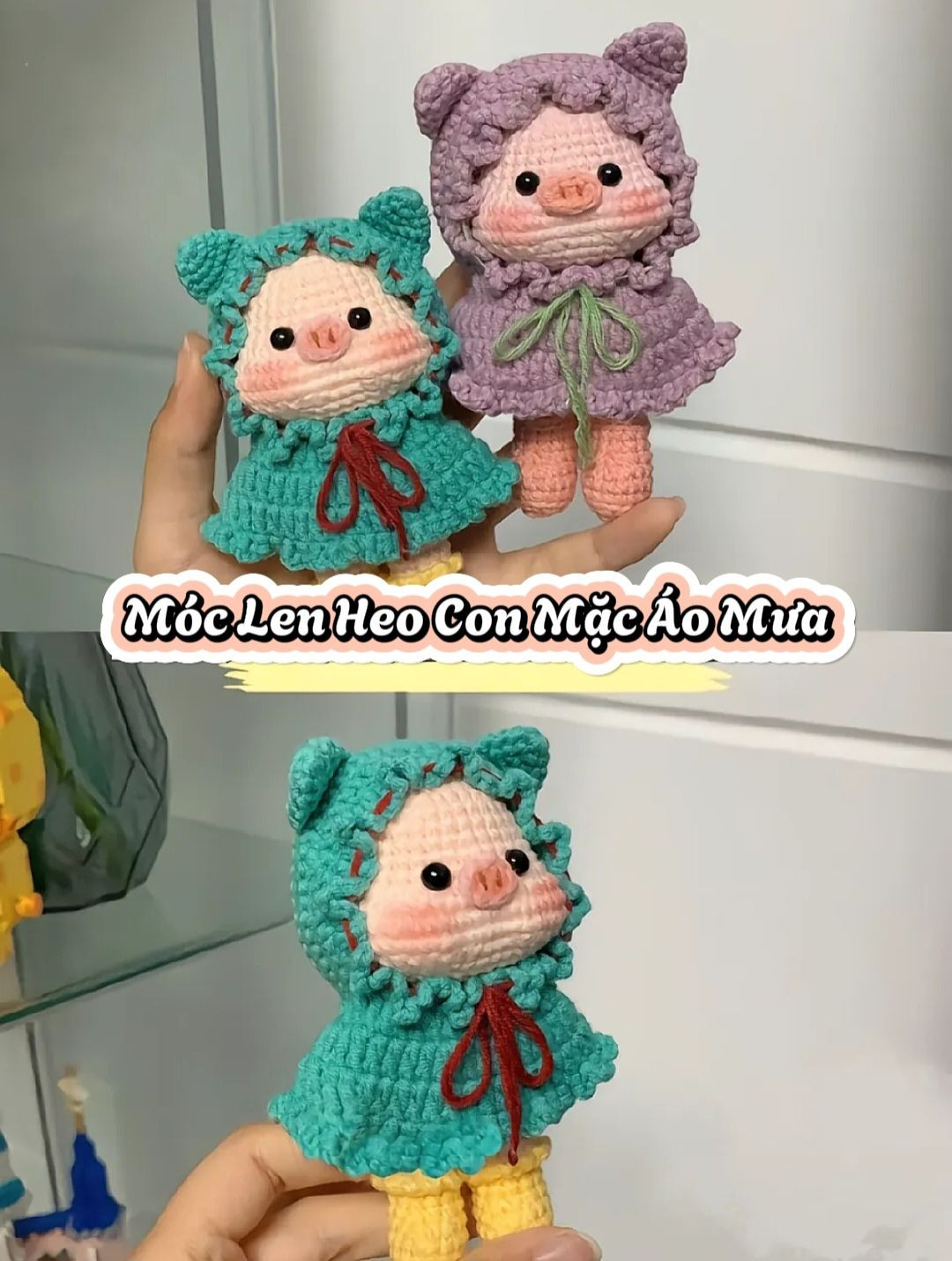 Hướng dẫn chi tiết cách móc búp bê lợn mặc váy màu tím và xanh