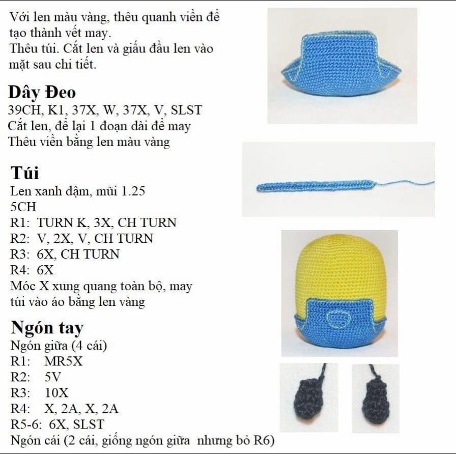 Hướng dẫn chi tiết cách móc búp bê Minion Bob và gấu Tim nhỏ theo chart tiếng Việt