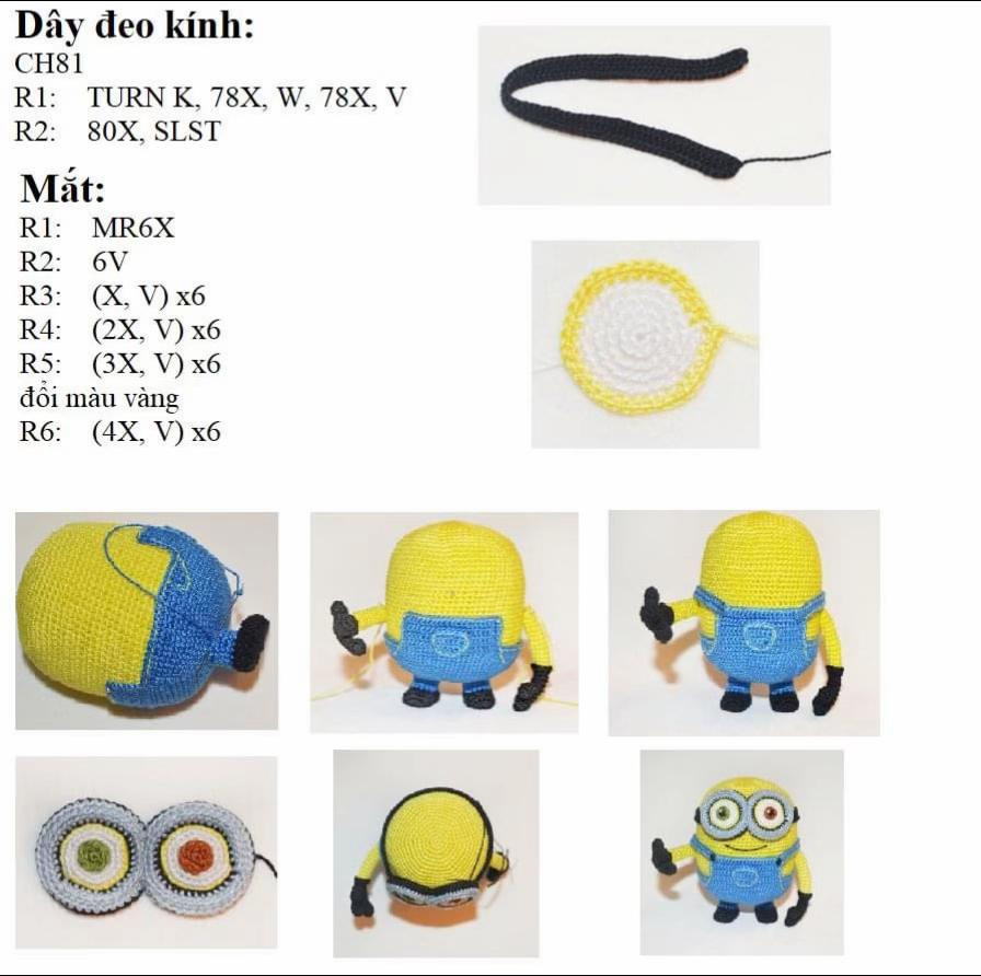 Hướng dẫn chi tiết cách móc búp bê Minion Bob và gấu Tim nhỏ theo chart tiếng Việt