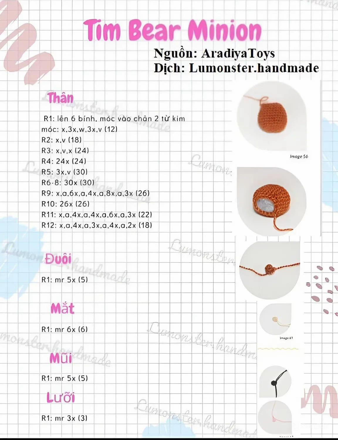 Hướng dẫn chi tiết cách móc búp bê Minion Bob và gấu Tim nhỏ theo chart tiếng Việt