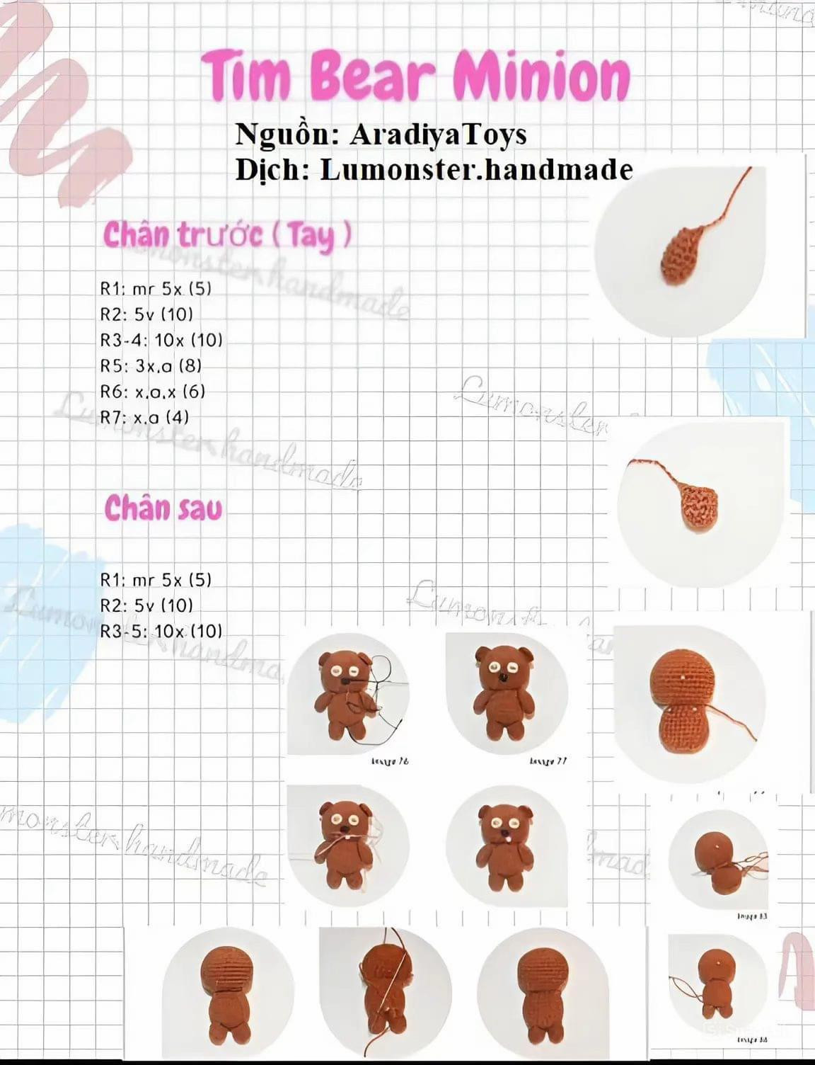 Hướng dẫn chi tiết cách móc búp bê Minion Bob và gấu Tim nhỏ theo chart tiếng Việt