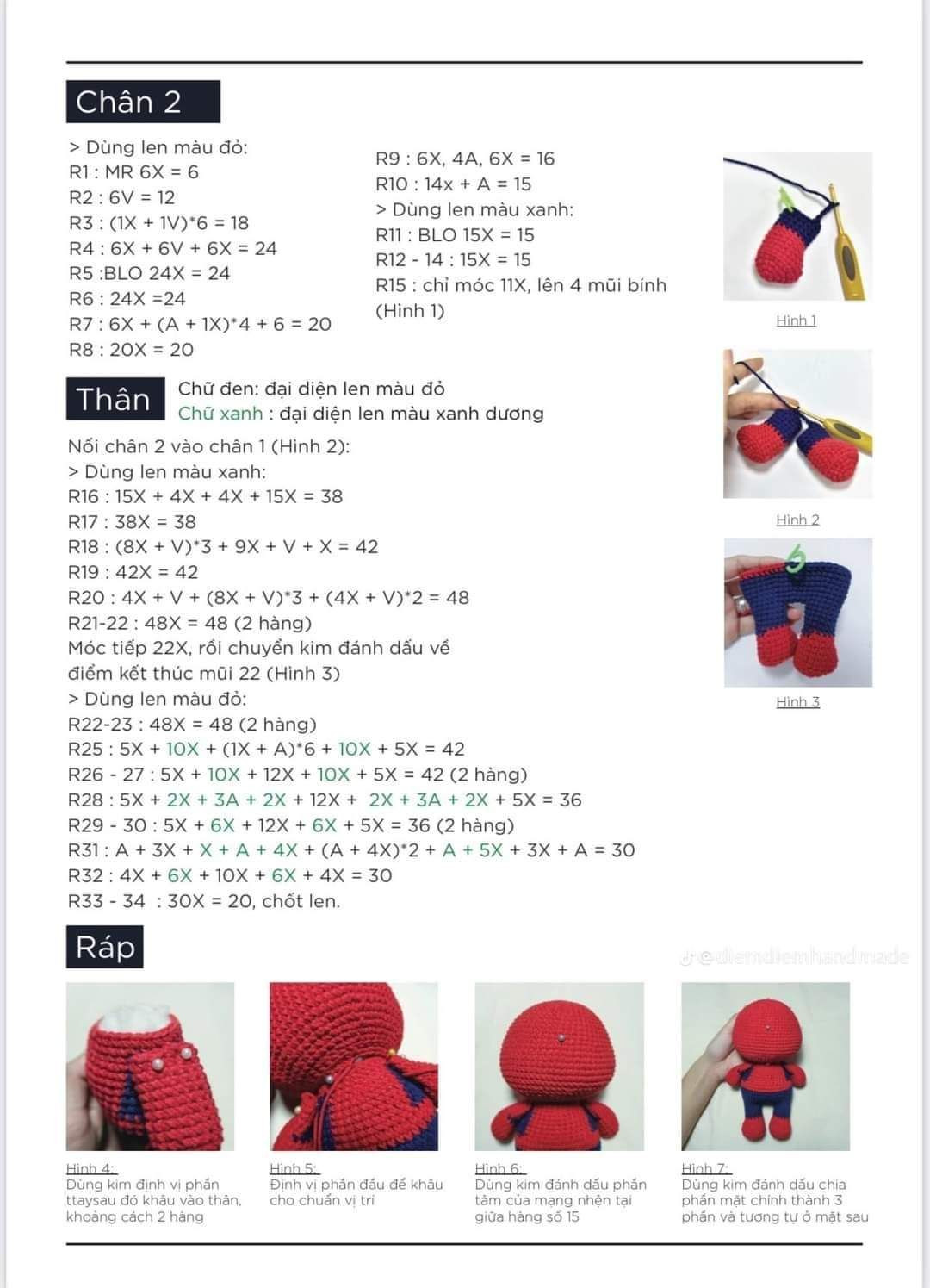 Hướng dẫn chi tiết cách móc búp bê Spider Man màu đỏ xanh