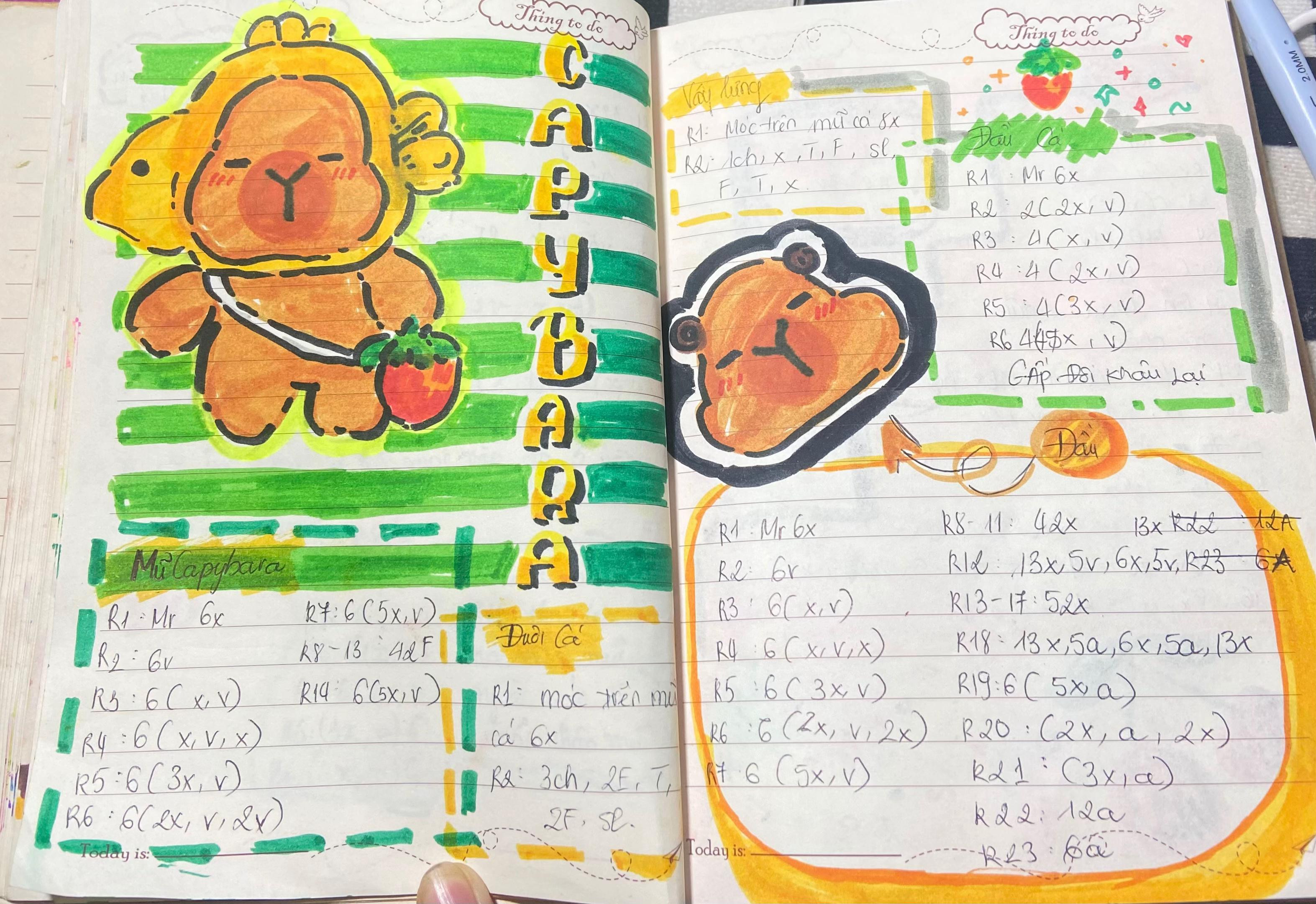 Hướng dẫn chi tiết cách móc len búp bê Capybara dễ thương với mũ vàng và giỏ dâu tây