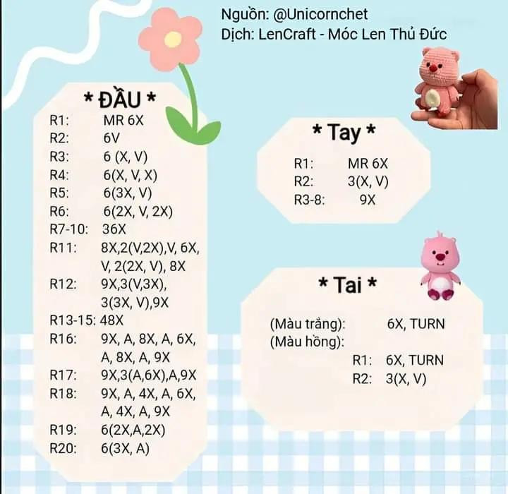 Hướng dẫn chi tiết cách móc len búp bê gấu Loopy dễ thương màu hồng và trắng, bao gồm các phần đầu, tay, chân, thân và bụng