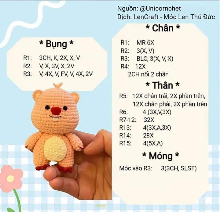 Hướng dẫn chi tiết cách móc len búp bê gấu Loopy dễ thương màu hồng và trắng, bao gồm các phần đầu, tay, chân, thân và bụng