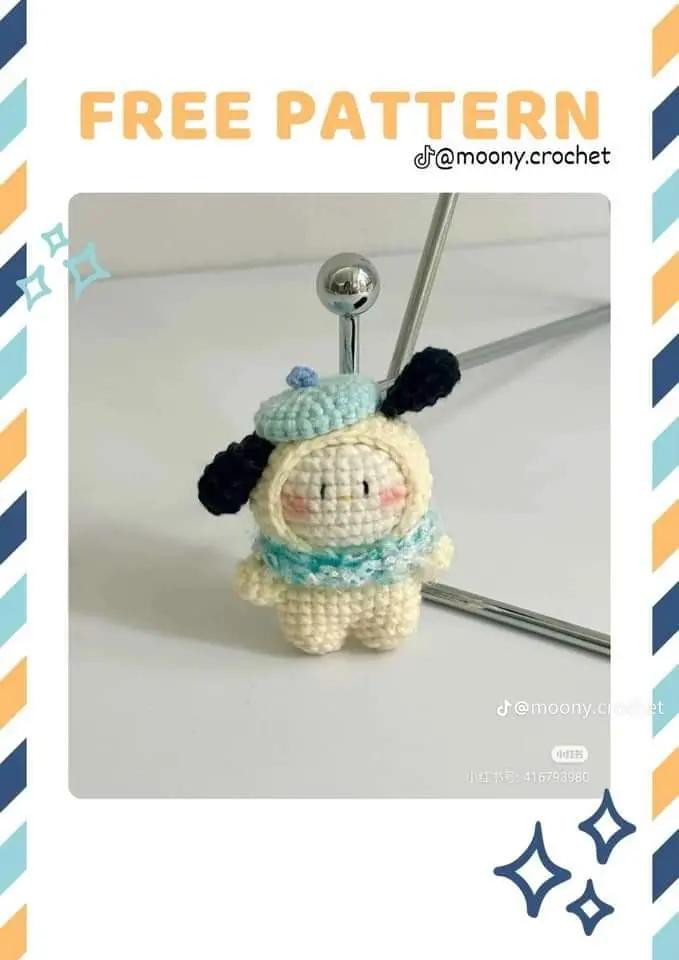 Hướng dẫn chi tiết cách móc len búp bê gấu Loopy dễ thương màu hồng và trắng, bao gồm các phần đầu, tay, chân, thân và bụng