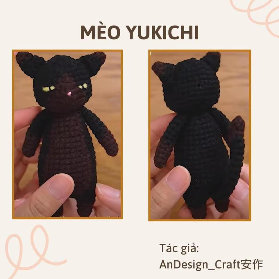 Hướng dẫn chi tiết cách móc len búp bê mèo Yukichi đen và trắng theo từng phần