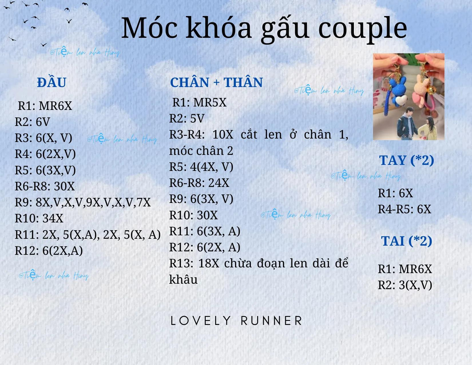 Hướng dẫn chi tiết cách móc len chìa khóa gấu couple màu xanh và hồng, nhân vật Lovely Runner