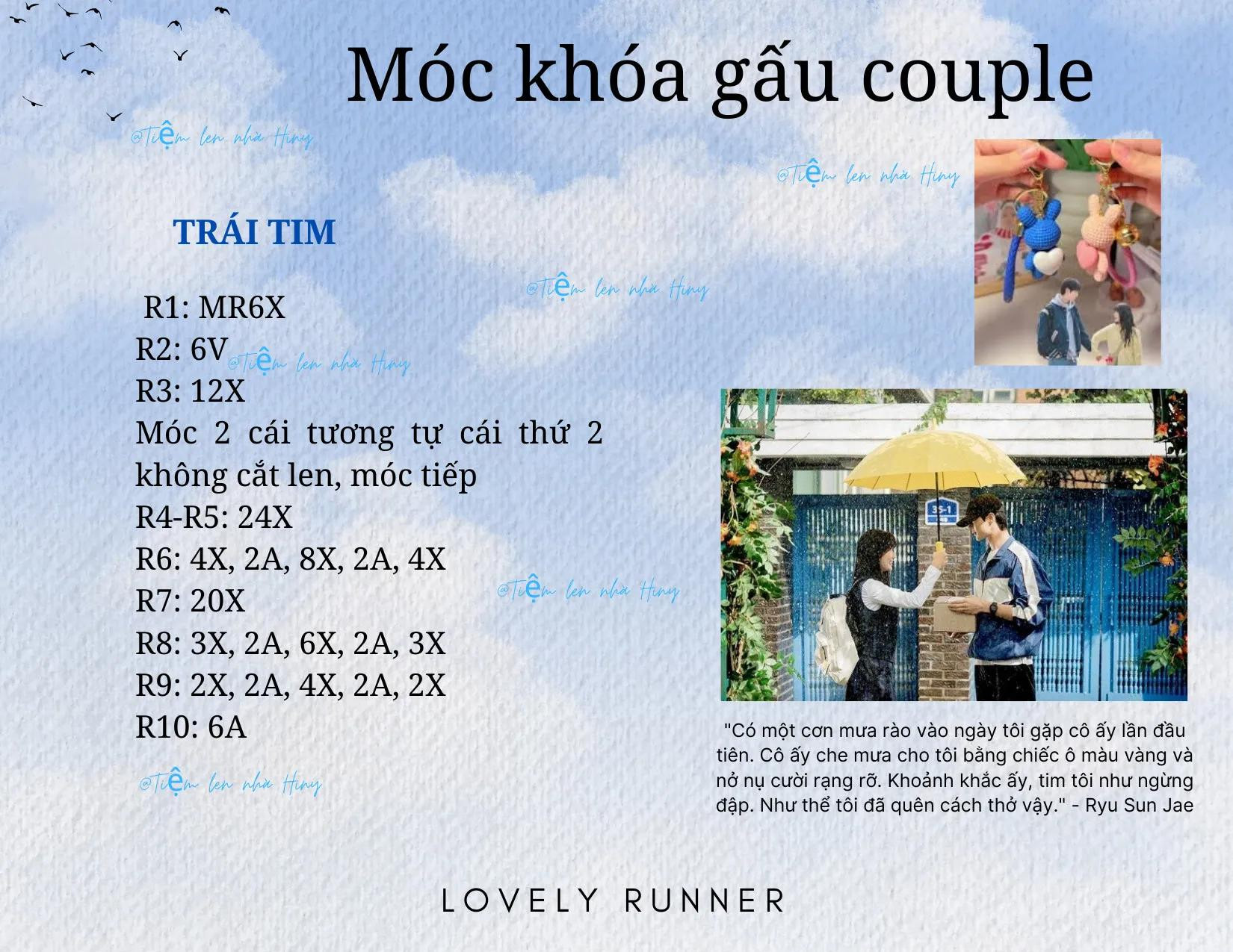 Hướng dẫn chi tiết cách móc len chìa khóa gấu couple màu xanh và hồng, nhân vật Lovely Runner