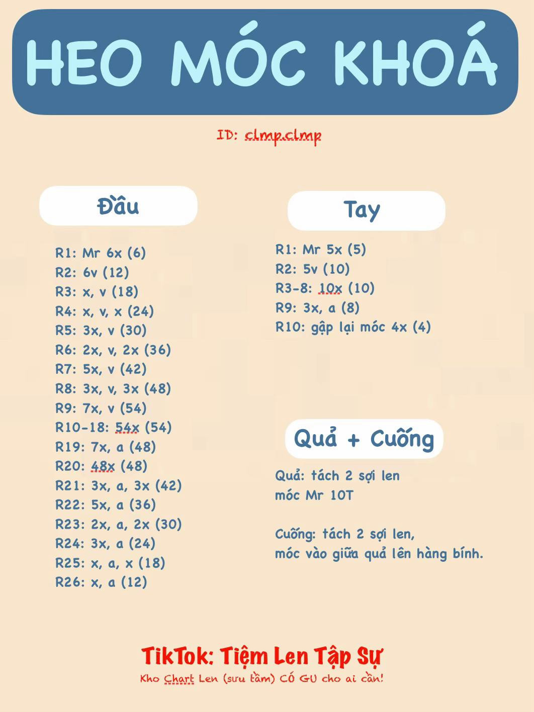 Hướng dẫn chi tiết cách móc len Heo Móc Khoá dễ thương, mặc áo xanh với họa tiết quả táo đỏ