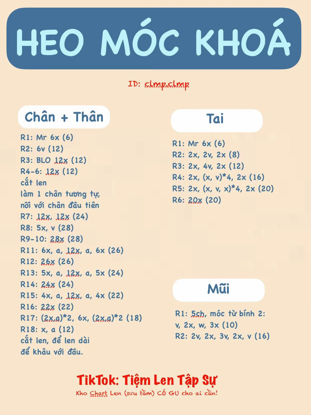 Hướng dẫn chi tiết cách móc len Heo Móc Khoá dễ thương, mặc áo xanh với họa tiết quả táo đỏ