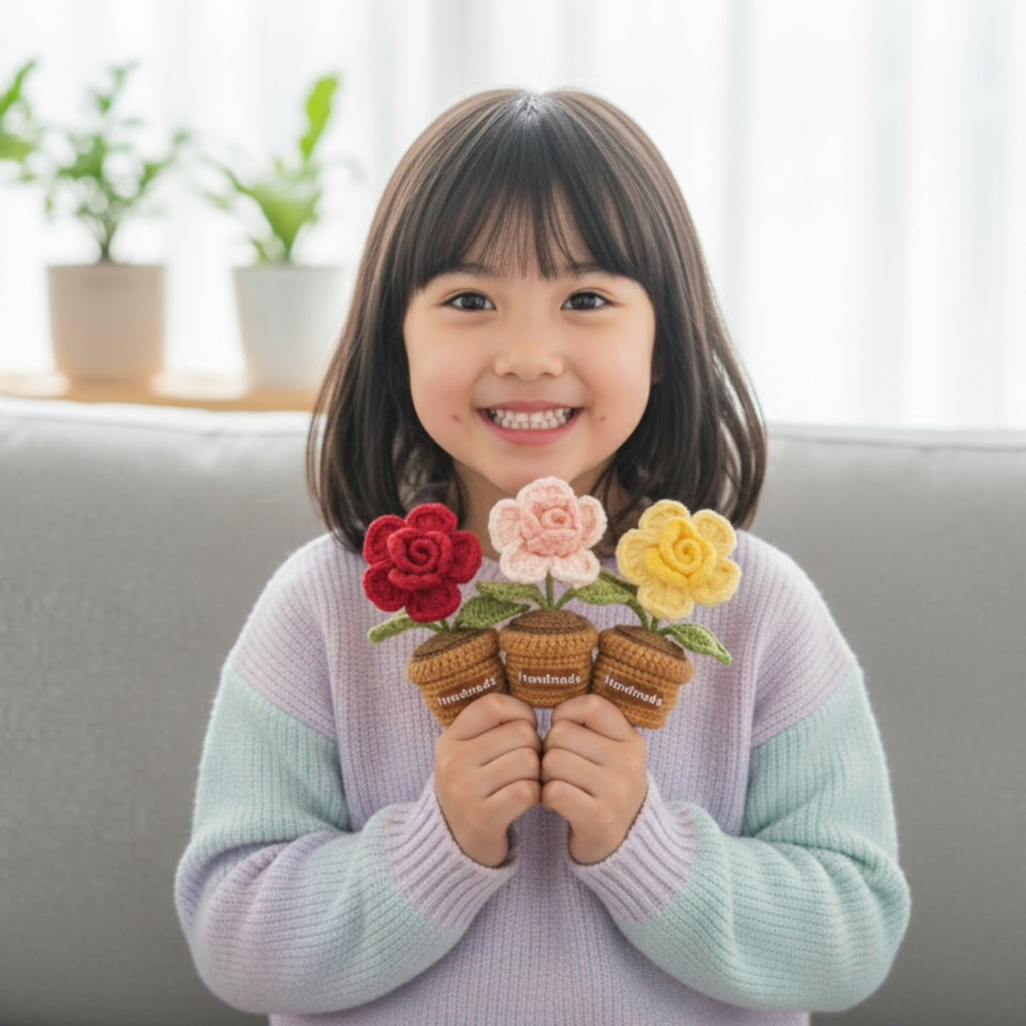 Hướng dẫn chi tiết cách móc len hoa hồng trang trí trong chậu