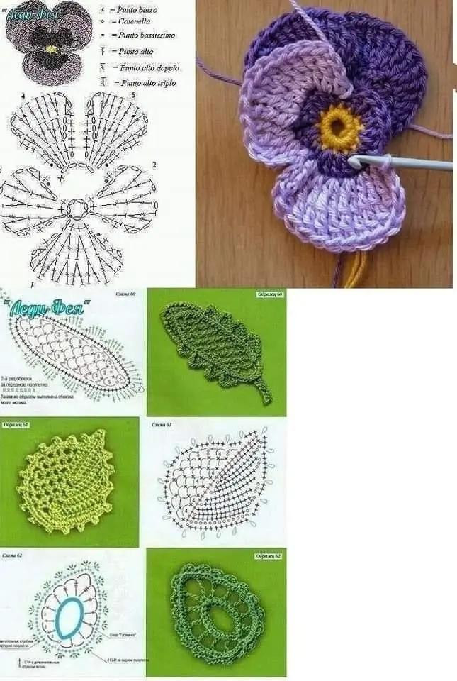 Hướng dẫn chi tiết cách móc len hoa pansy và lá cây với bảng chart, hình ảnh minh họa các bước thực hiện từ màu sắc đến kỹ thuật