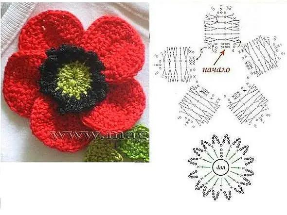 Hướng dẫn chi tiết cách móc len hoa pansy và lá cây với bảng chart, hình ảnh minh họa các bước thực hiện từ màu sắc đến kỹ thuật