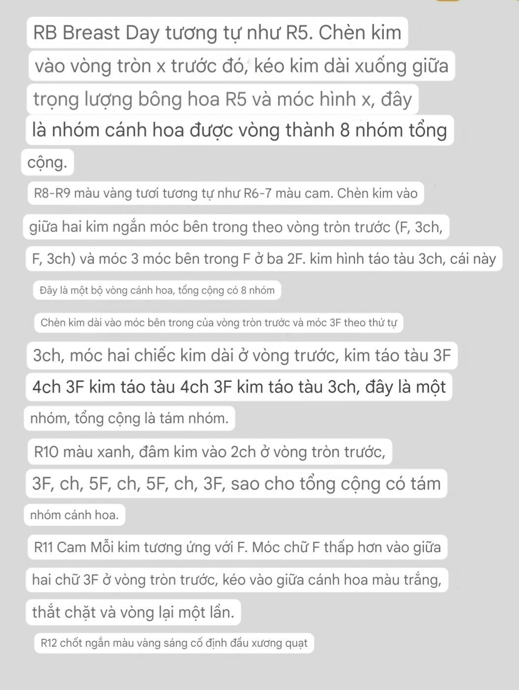 Hướng dẫn chi tiết cách móc len quạt hoa họa tiết tròn nhiều màu sắc rực rỡ, bao gồm các bước từ R1 đến R12 với các mũi kim cơ bản