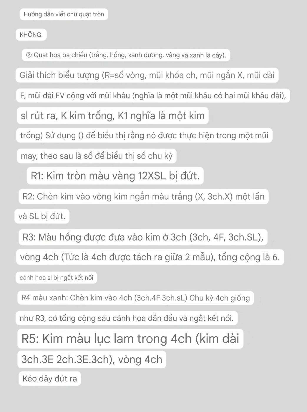 Hướng dẫn chi tiết cách móc len quạt hoa họa tiết tròn nhiều màu sắc rực rỡ, bao gồm các bước từ R1 đến R12 với các mũi kim cơ bản