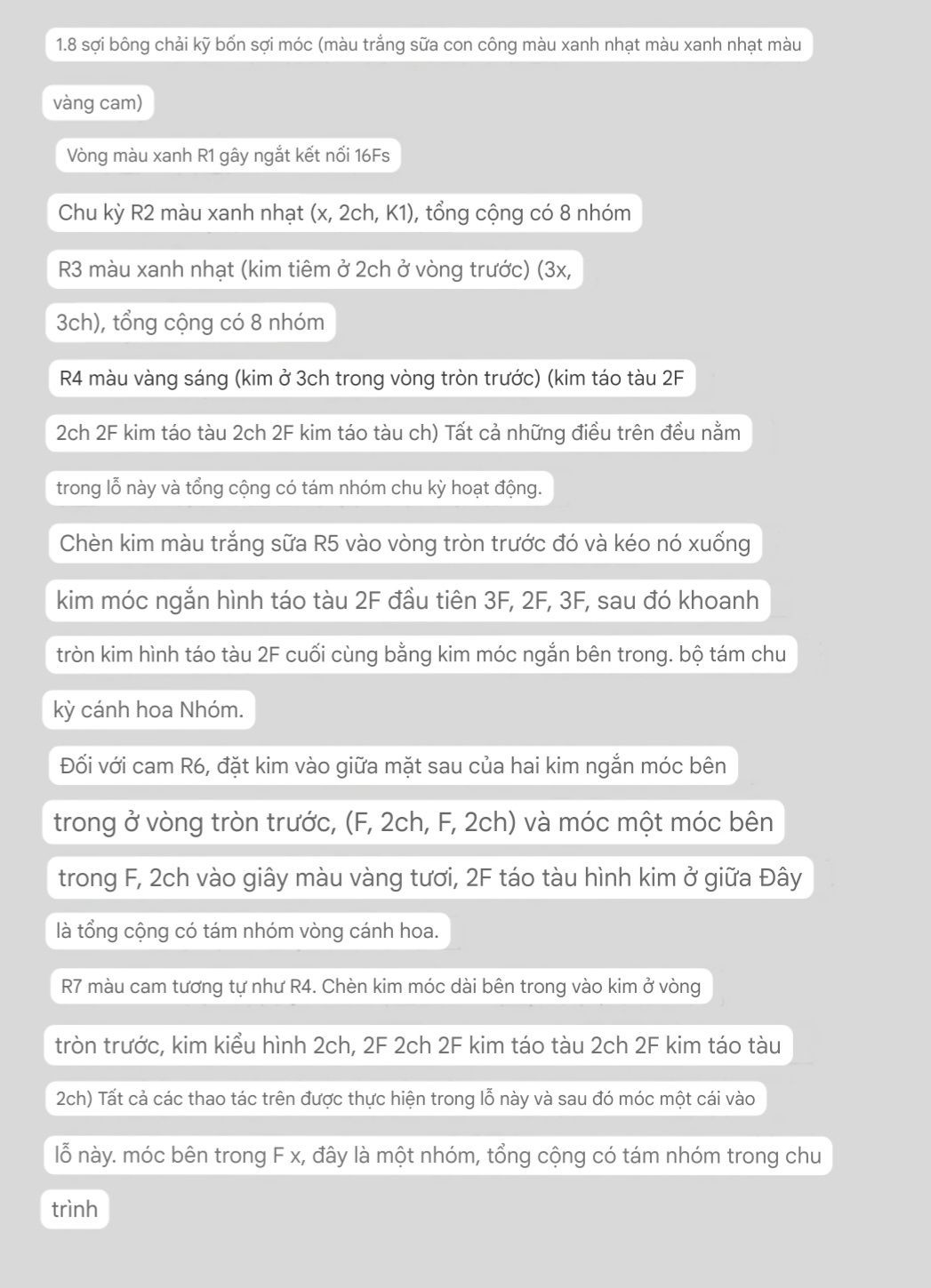 Hướng dẫn chi tiết cách móc len quạt hoa họa tiết tròn nhiều màu sắc rực rỡ, bao gồm các bước từ R1 đến R12 với các mũi kim cơ bản