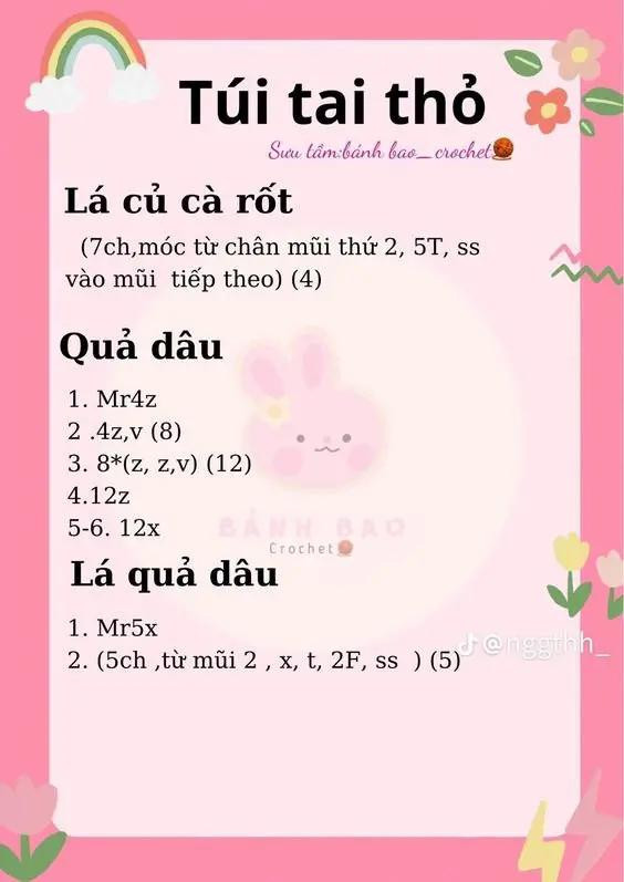 Hướng dẫn chi tiết cách móc len túi tai thỏ dễ thương kèm biểu tượng hoa và quả dâu