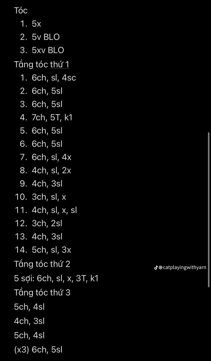 Hướng dẫn chi tiết cách móc tóc cho búp bê Gojo Satoru, bao gồm các tầng tóc và kỹ thuật móc len cơ bản