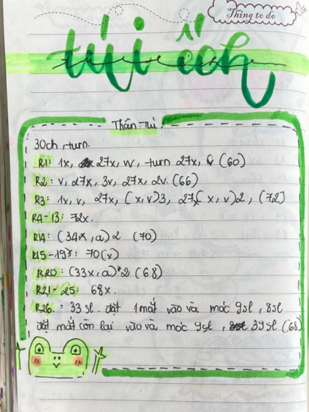 Hướng dẫn chi tiết cách móc túi ếch màu xanh lá, bao gồm phần thân túi, mắt trắng đen, má hồng và chân