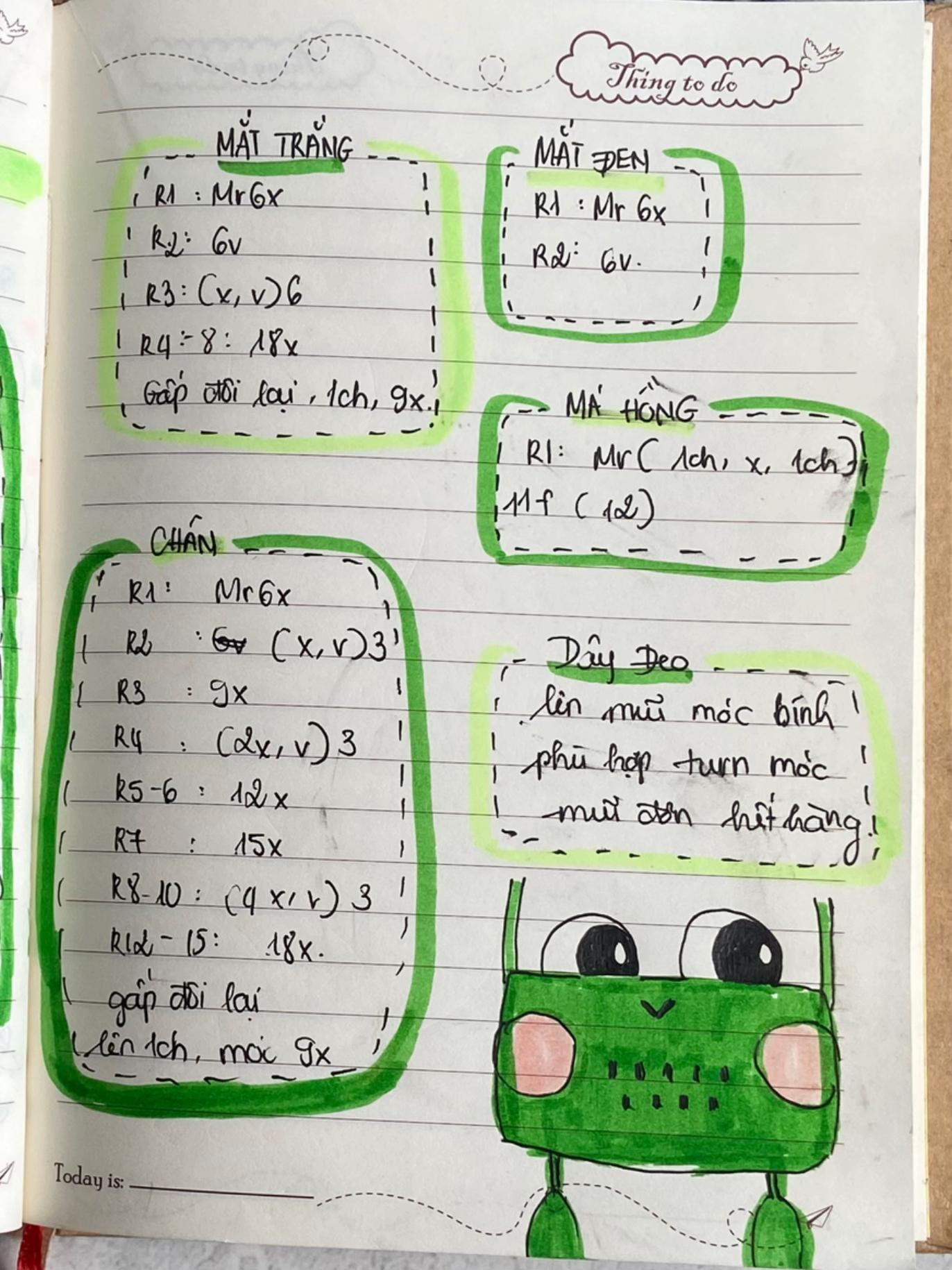 Hướng dẫn chi tiết cách móc túi ếch màu xanh lá, bao gồm phần thân túi, mắt trắng đen, má hồng và chân