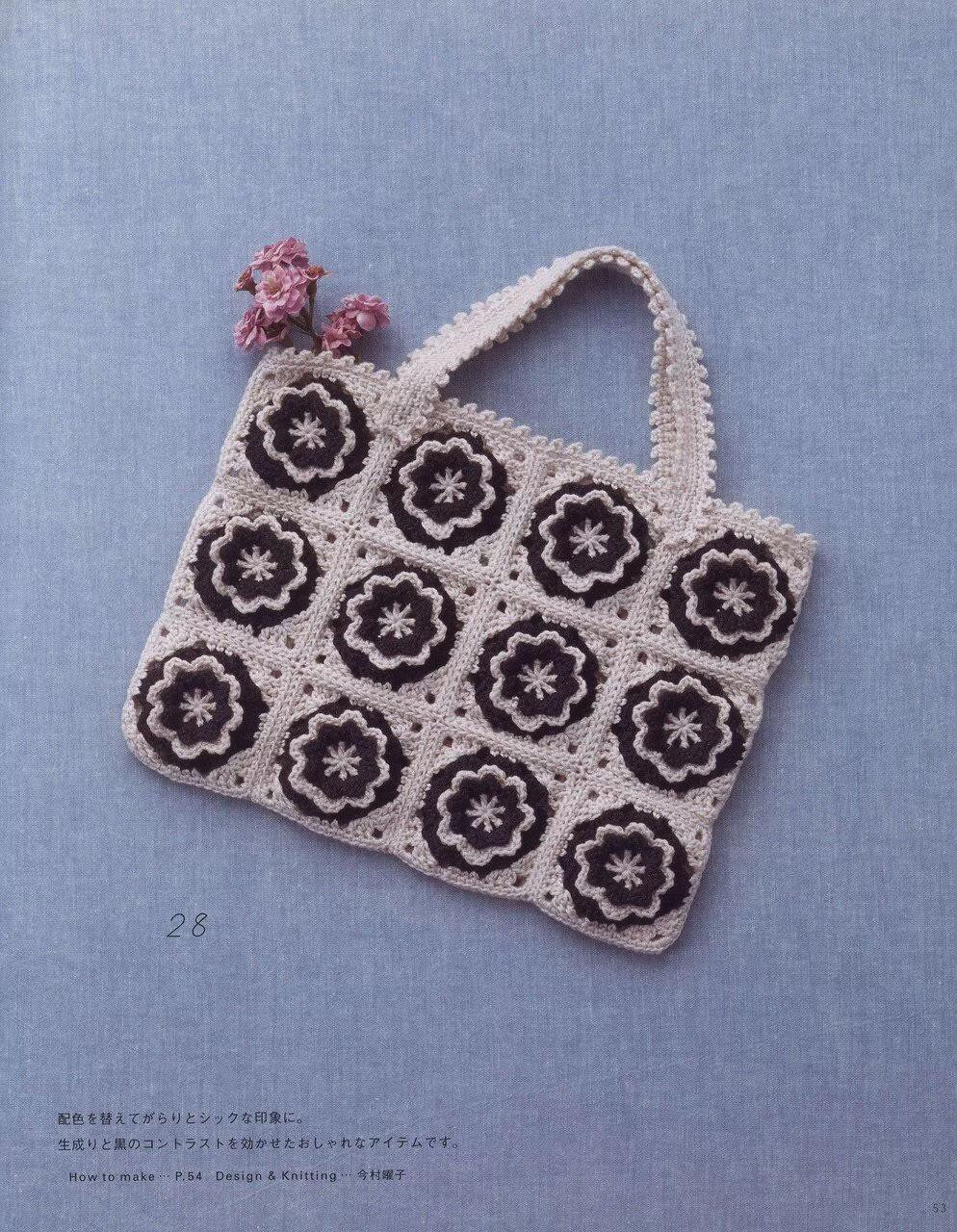 Hướng dẫn chi tiết cách móc túi tote hoa granny square (mẫu số 27 và 28) với các màu đỏ, be và đen