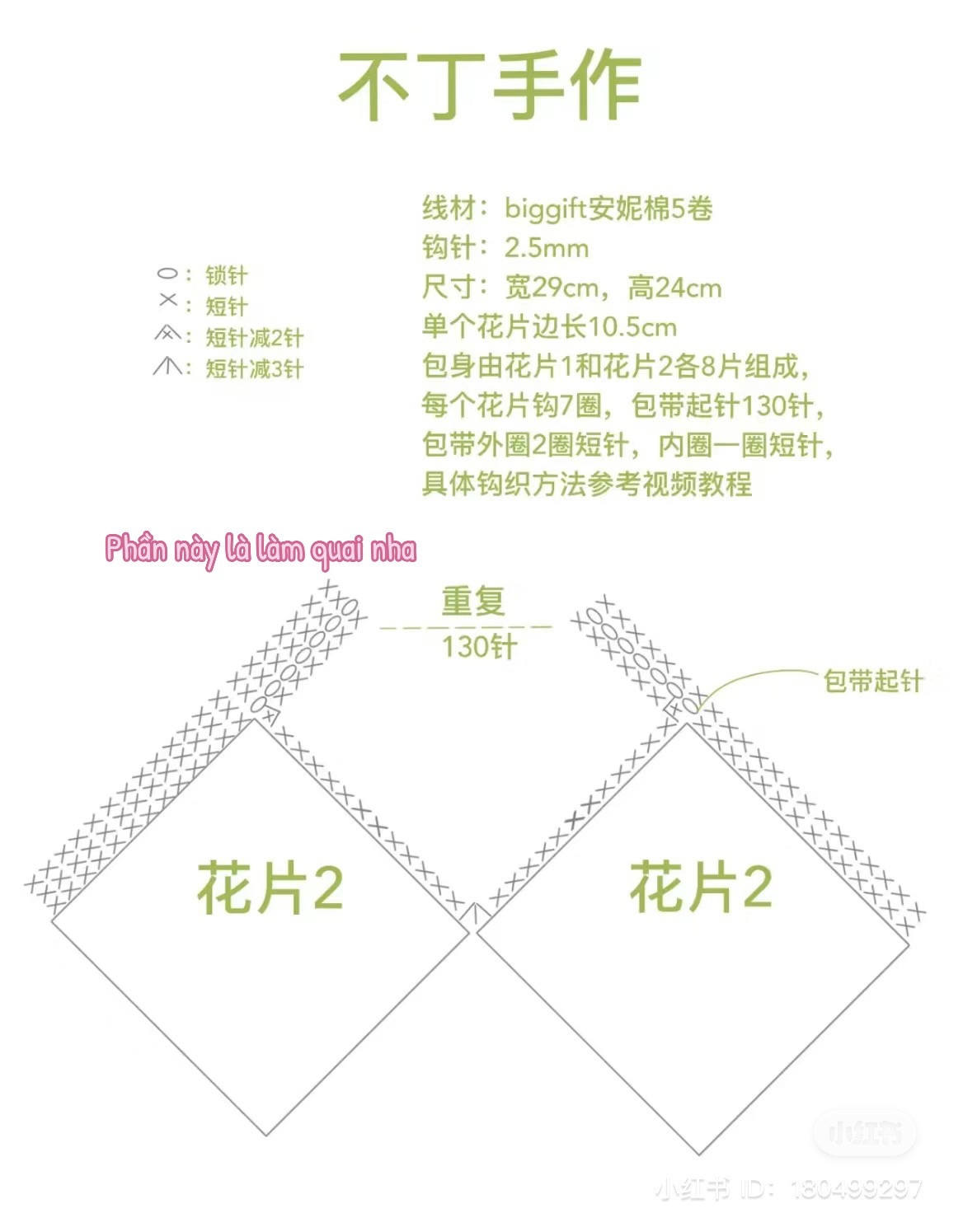 Hướng dẫn chi tiết cách móc túi tote màu trắng từ 16 ô vuông, sử dụng sợi dệt và kèm theo bảng chart