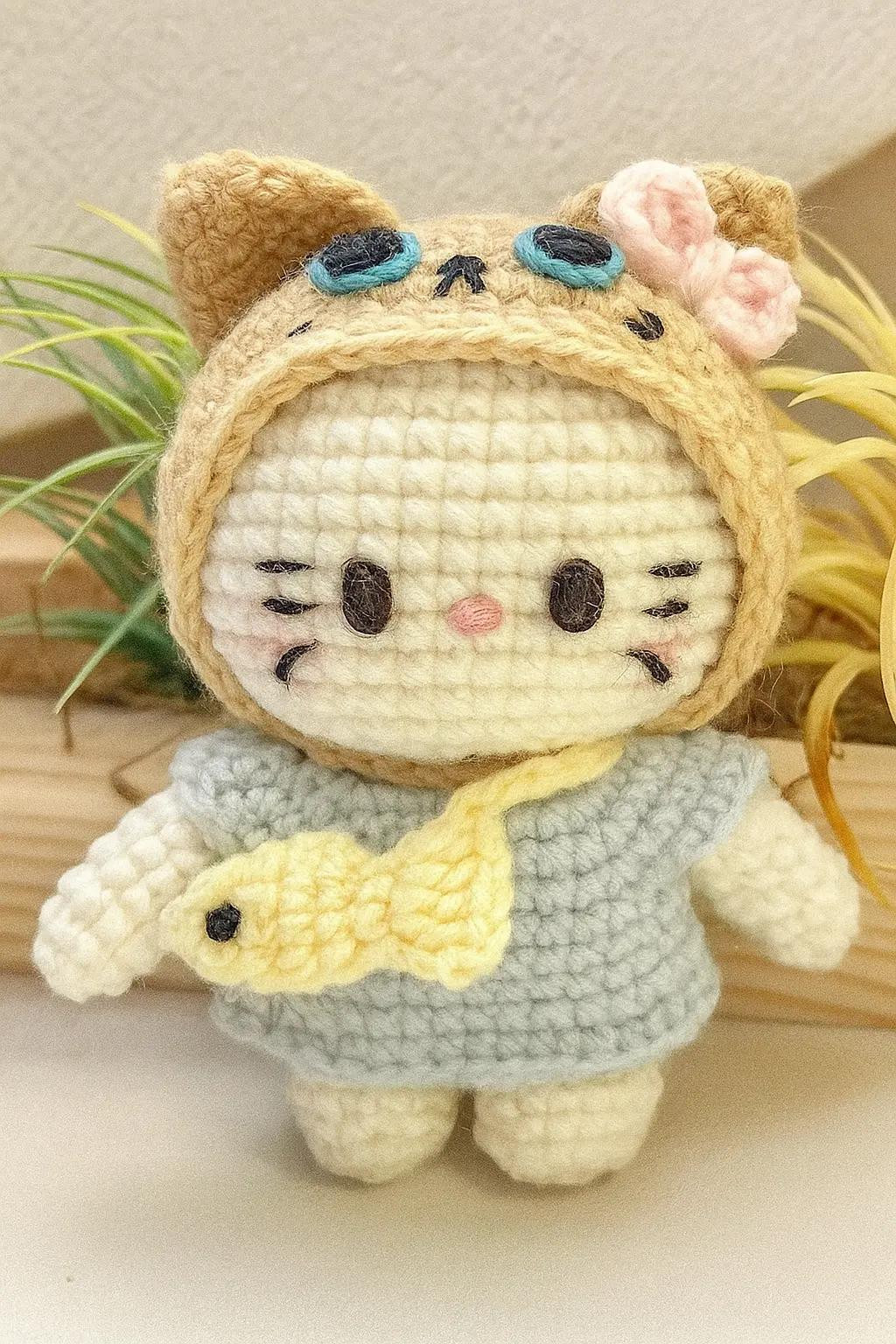 Hướng dẫn chi tiết móc búp bê mèo dễ thương mặc váy xanh và đội mũ