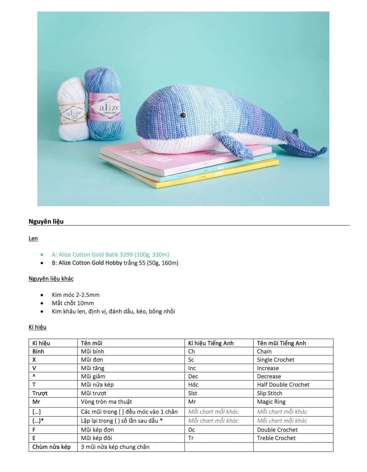 Hướng dẫn chi tiết móc len cá voi xanh tím với bảng chart và ký hiệu