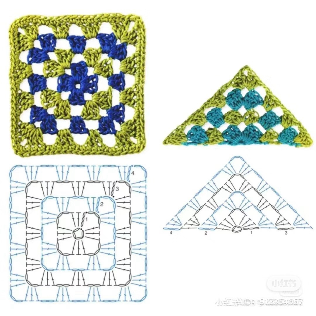 Hướng dẫn ký hiệu và bảng chart móc len hoa granny square