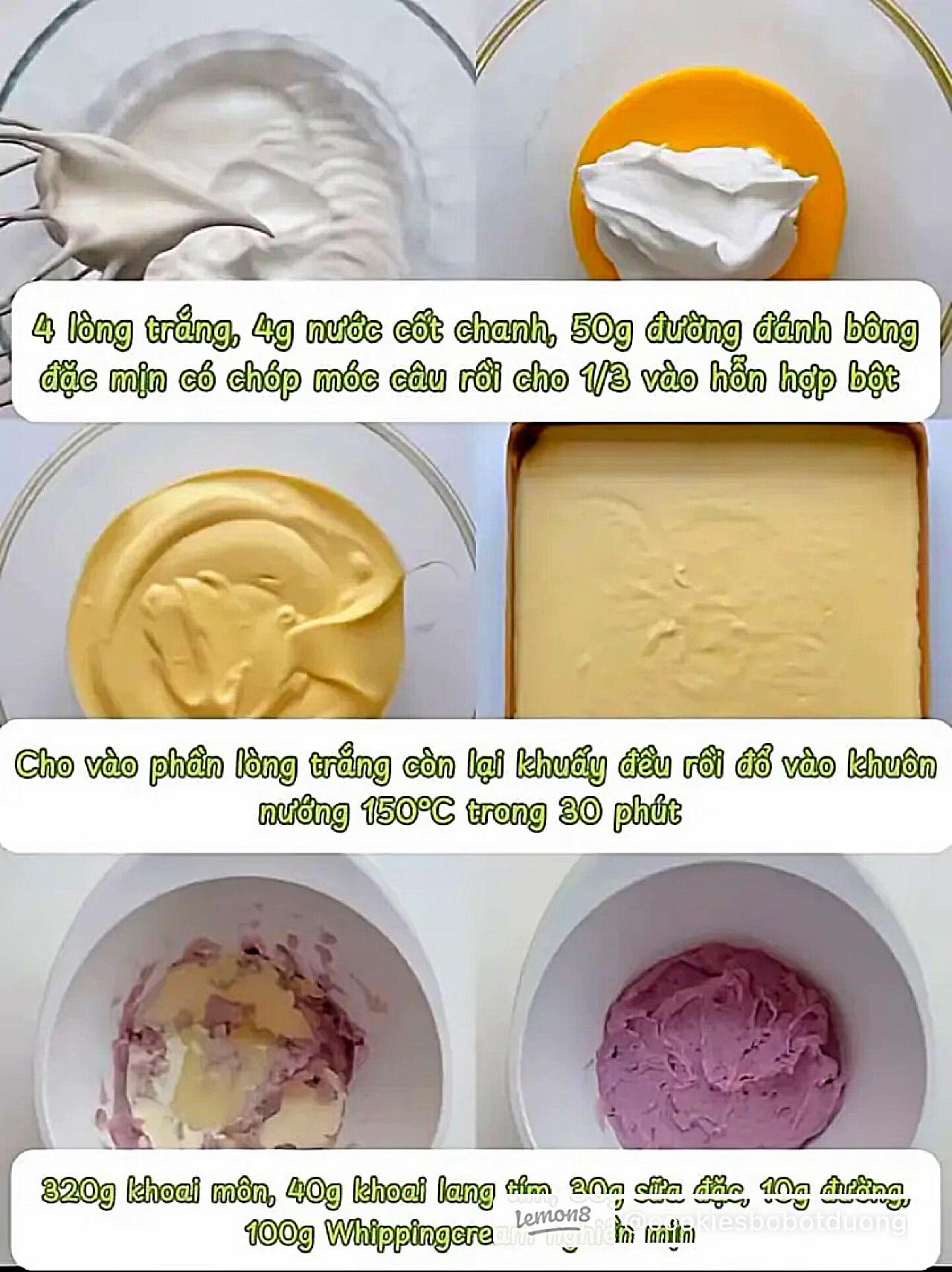 Hướng dẫn làm bánh bông lan chà bông khoai môn, lớp kem tím và topping thịt bò khô giòn