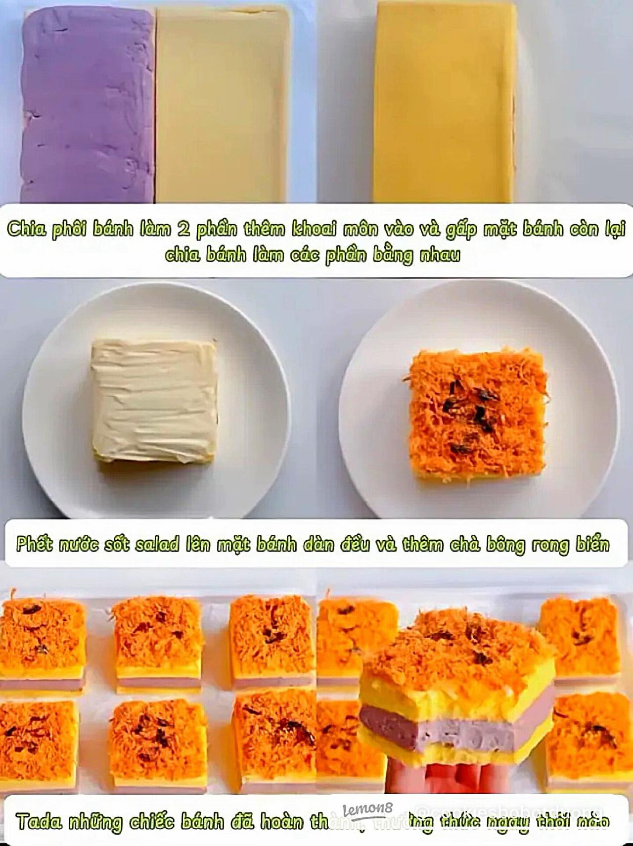 Hướng dẫn làm bánh bông lan chà bông khoai môn, lớp kem tím và topping thịt bò khô giòn