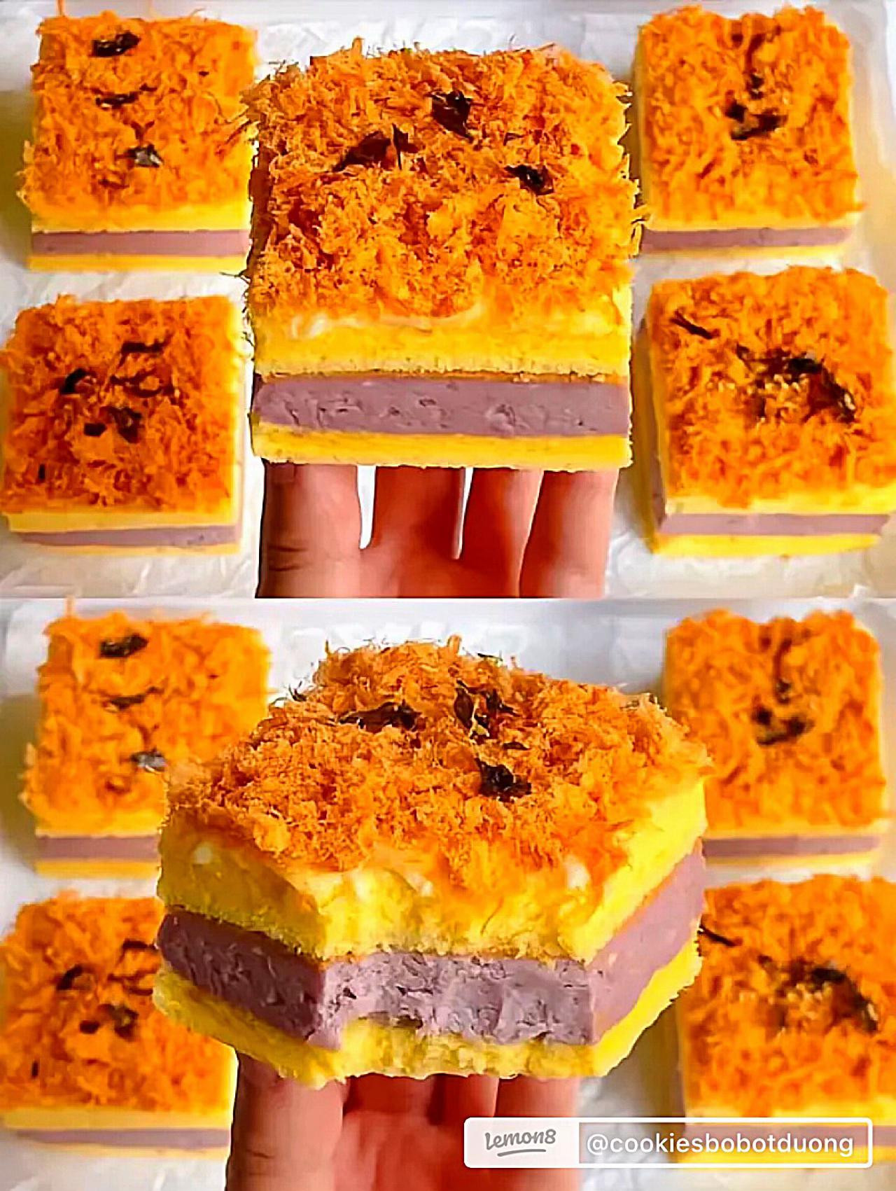 Hướng dẫn làm bánh bông lan chà bông khoai môn, lớp kem tím và topping thịt bò khô giòn