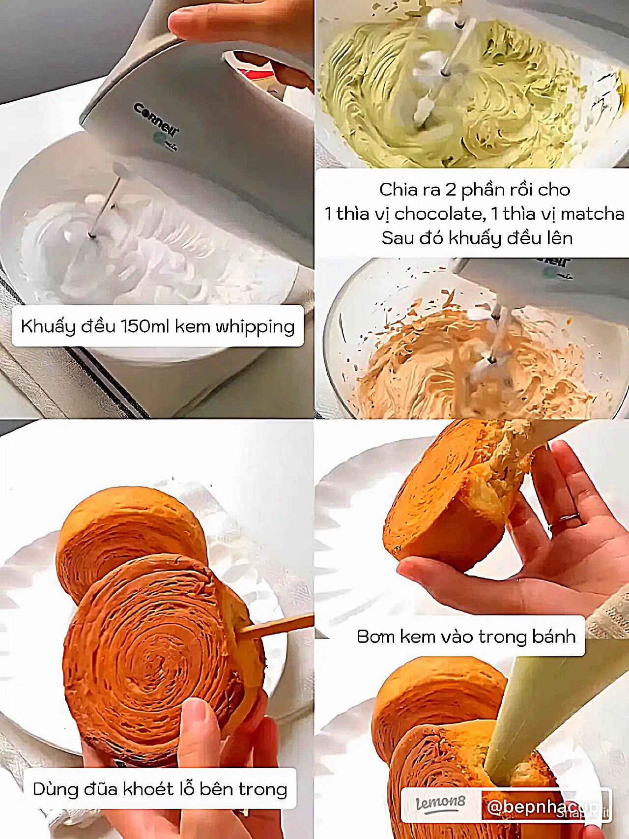 Hướng dẫn làm bánh Cromboloni nhân kem matcha và chocolate