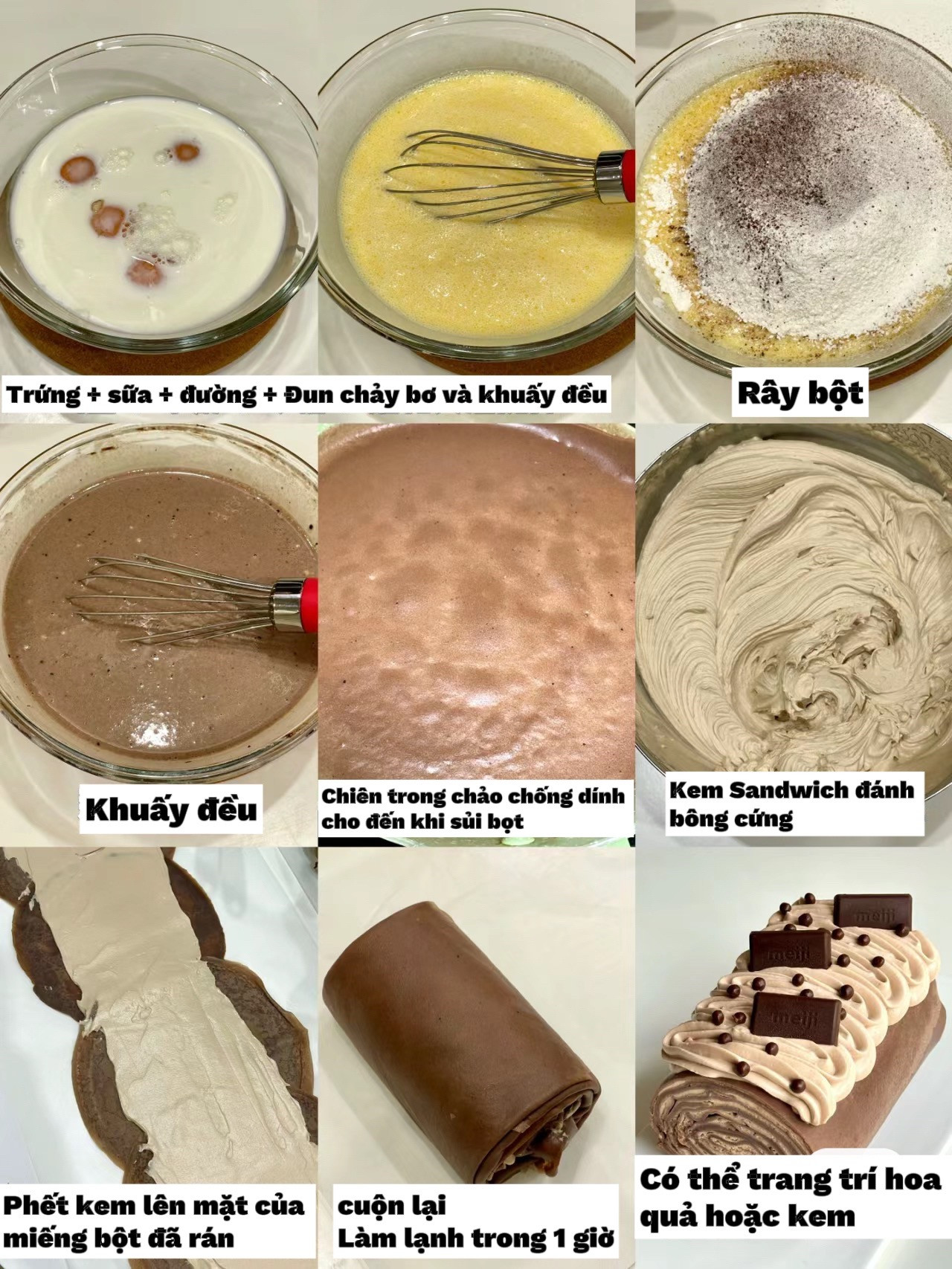 Hướng dẫn làm bánh cuộn socola Meiji không lò nướng với kem sandwich béo ngậy