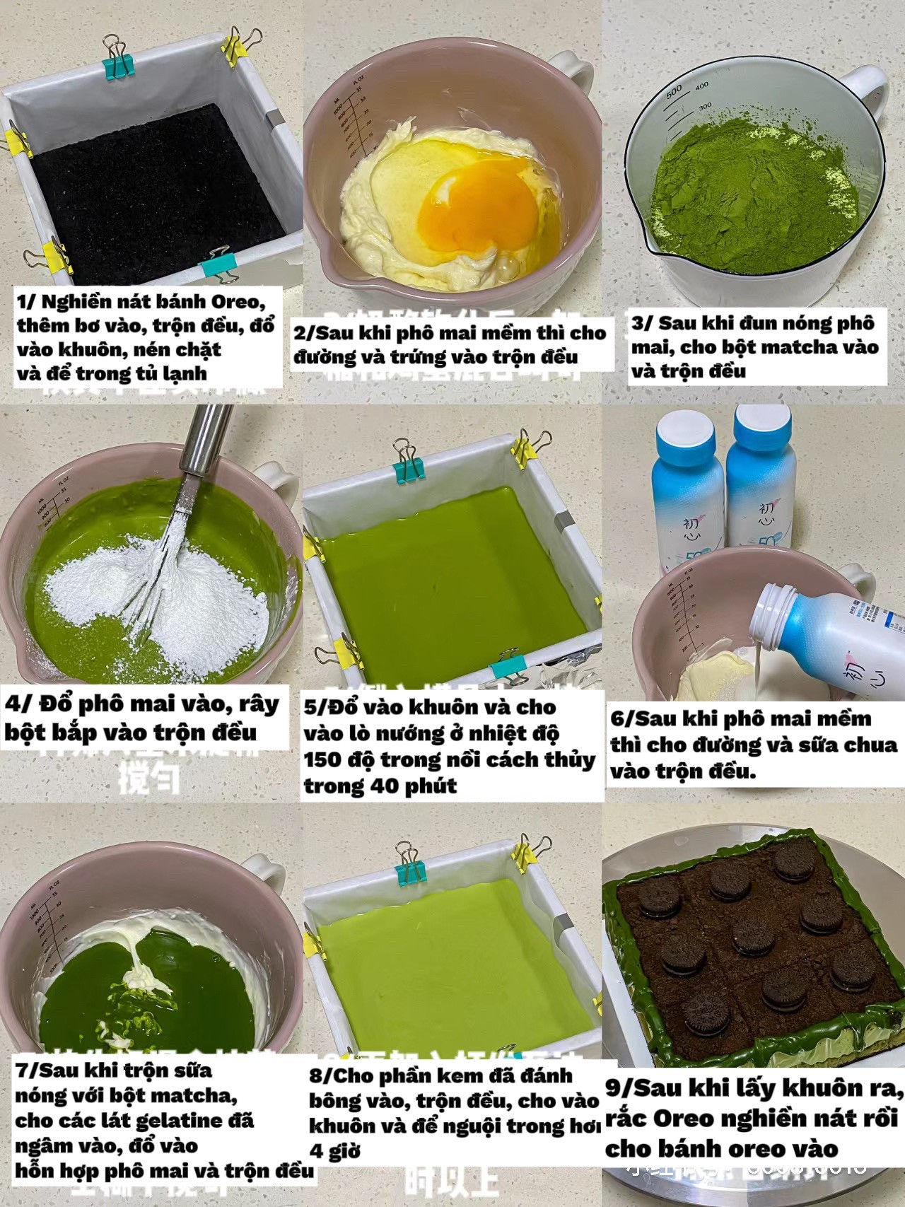 Hướng dẫn làm bánh Matcha Cheese Cake với đế Oreo và lớp phô mai matcha mịn màng