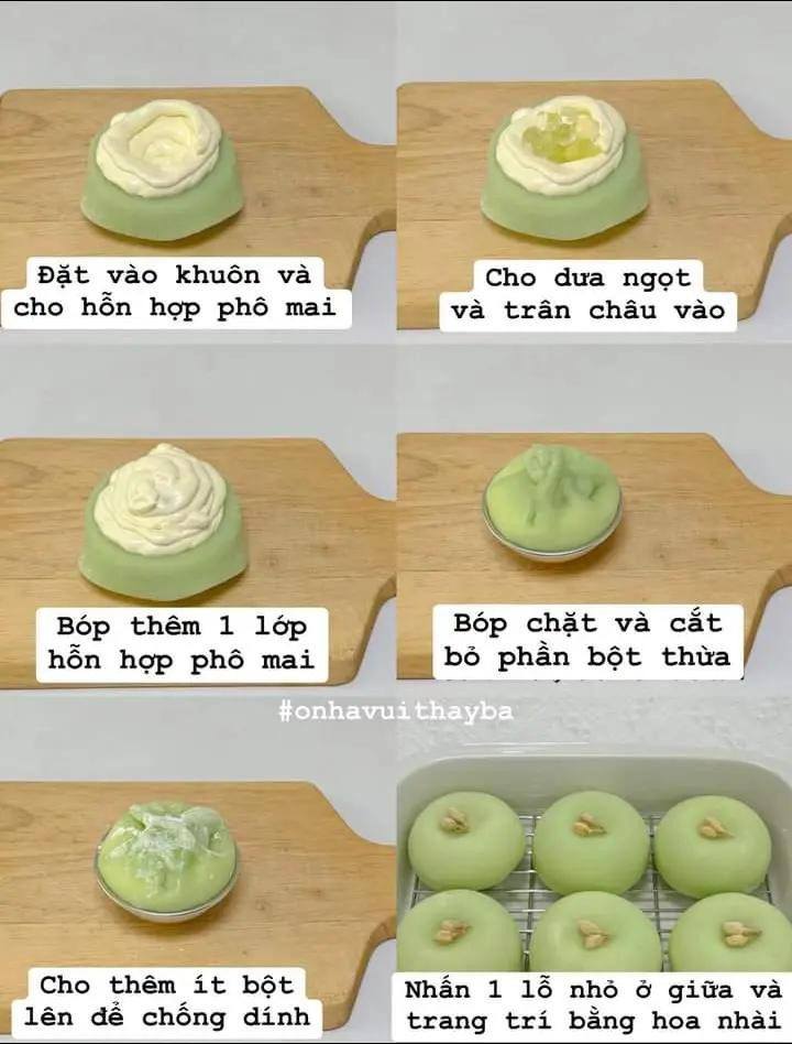Hướng dẫn làm bánh mochi dưa lưới màu xanh lá, nhân kem phô mai và hạt dưa giòn tan