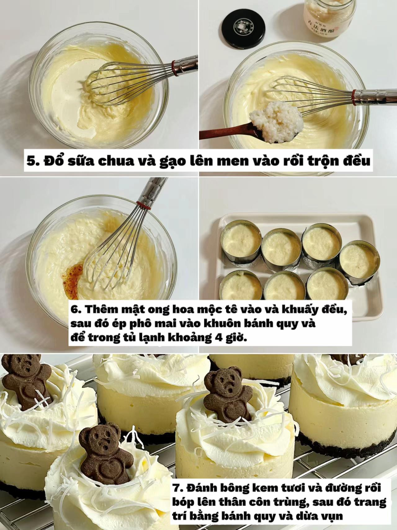 Hướng dẫn làm bánh mousse phô mai không lò nướng với mật ong hoa mộc tê và trang trí gấu sô cô la