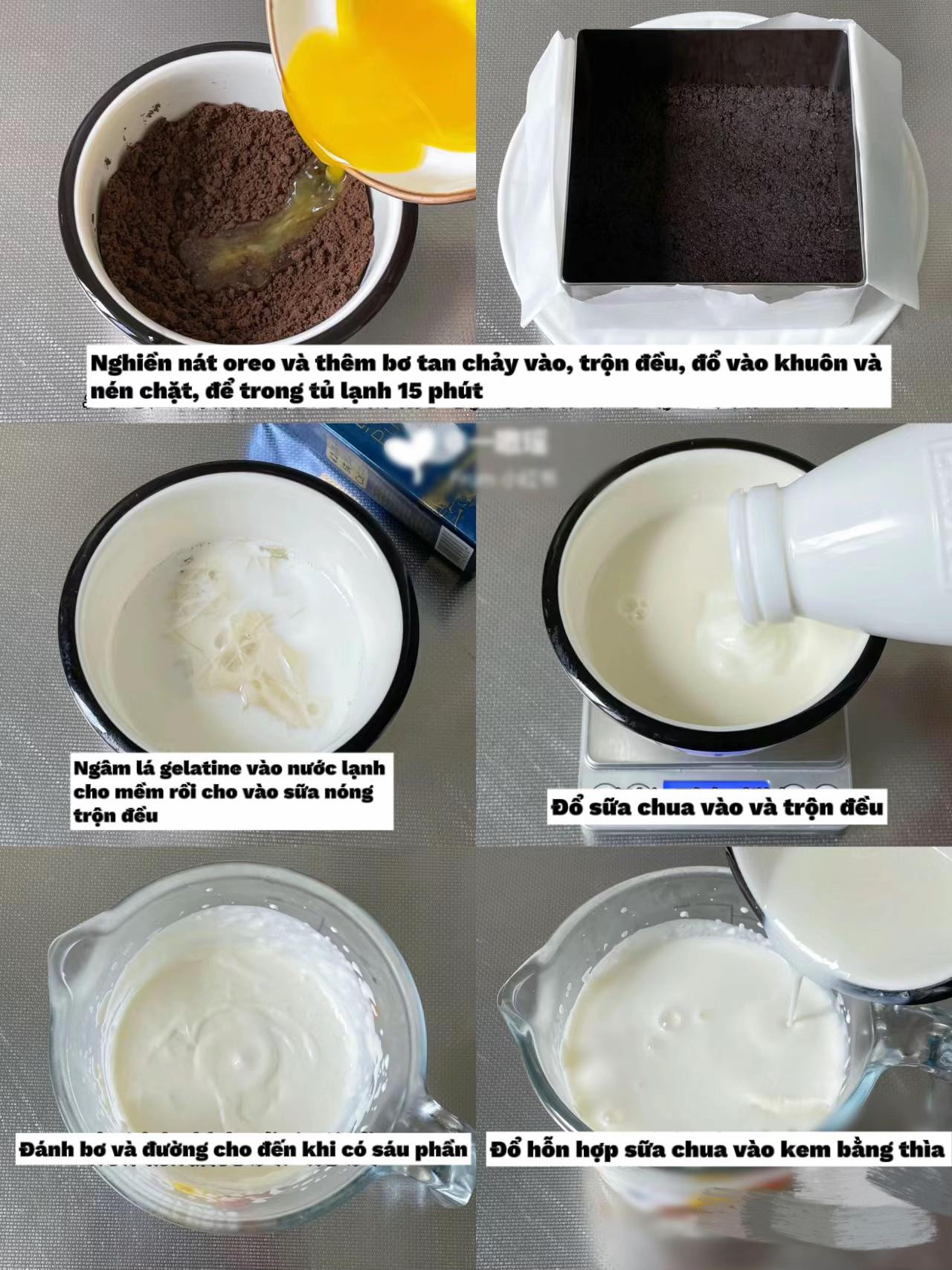 Hướng dẫn làm bánh Mousse Sữa Chua màu xanh không lò nướng, đế Oreo và thạch hoa đậu biếc