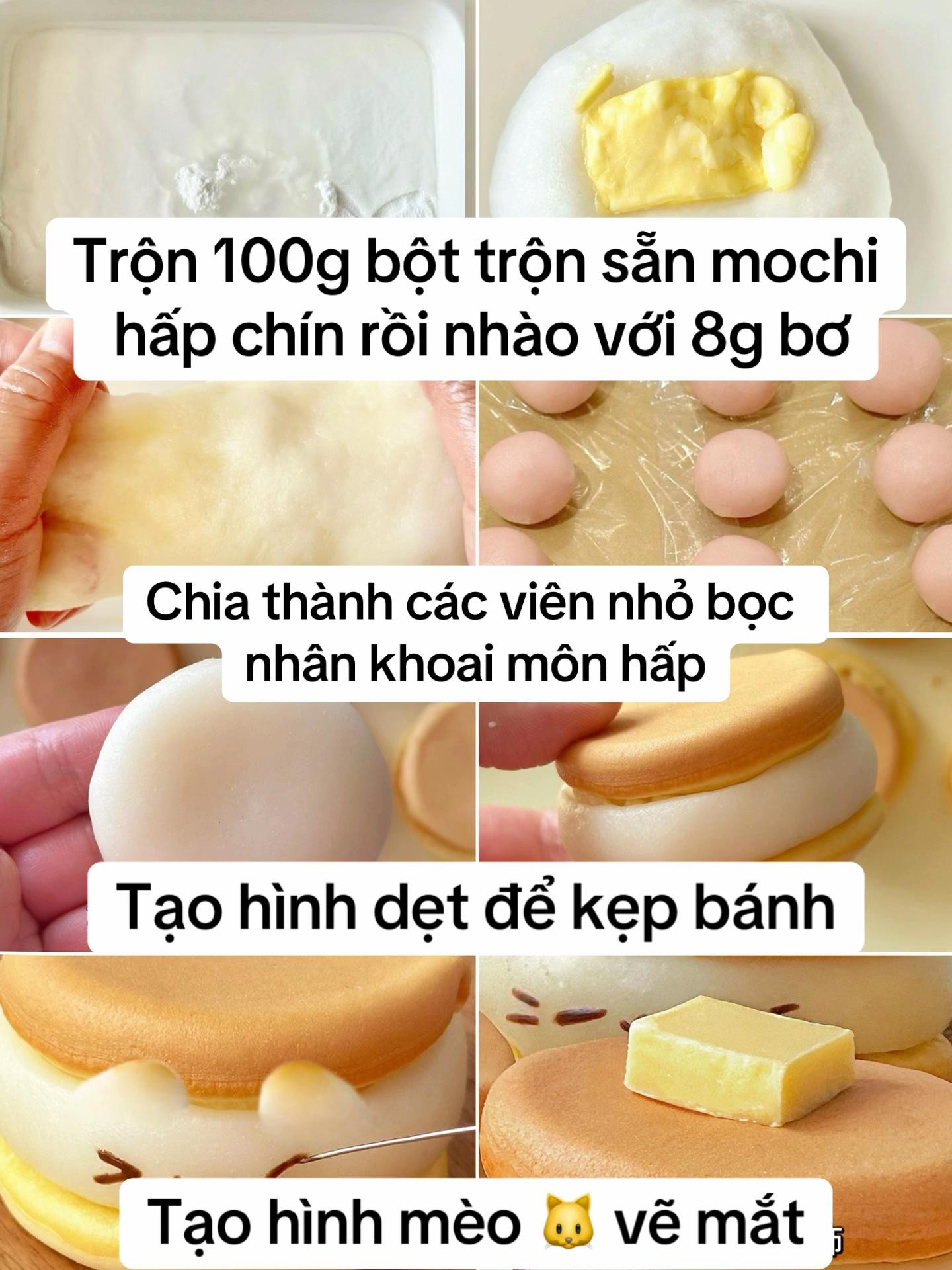 Hướng dẫn làm bánh Pancake kẹp mochi hình mèo dễ thương nhân khoai môn