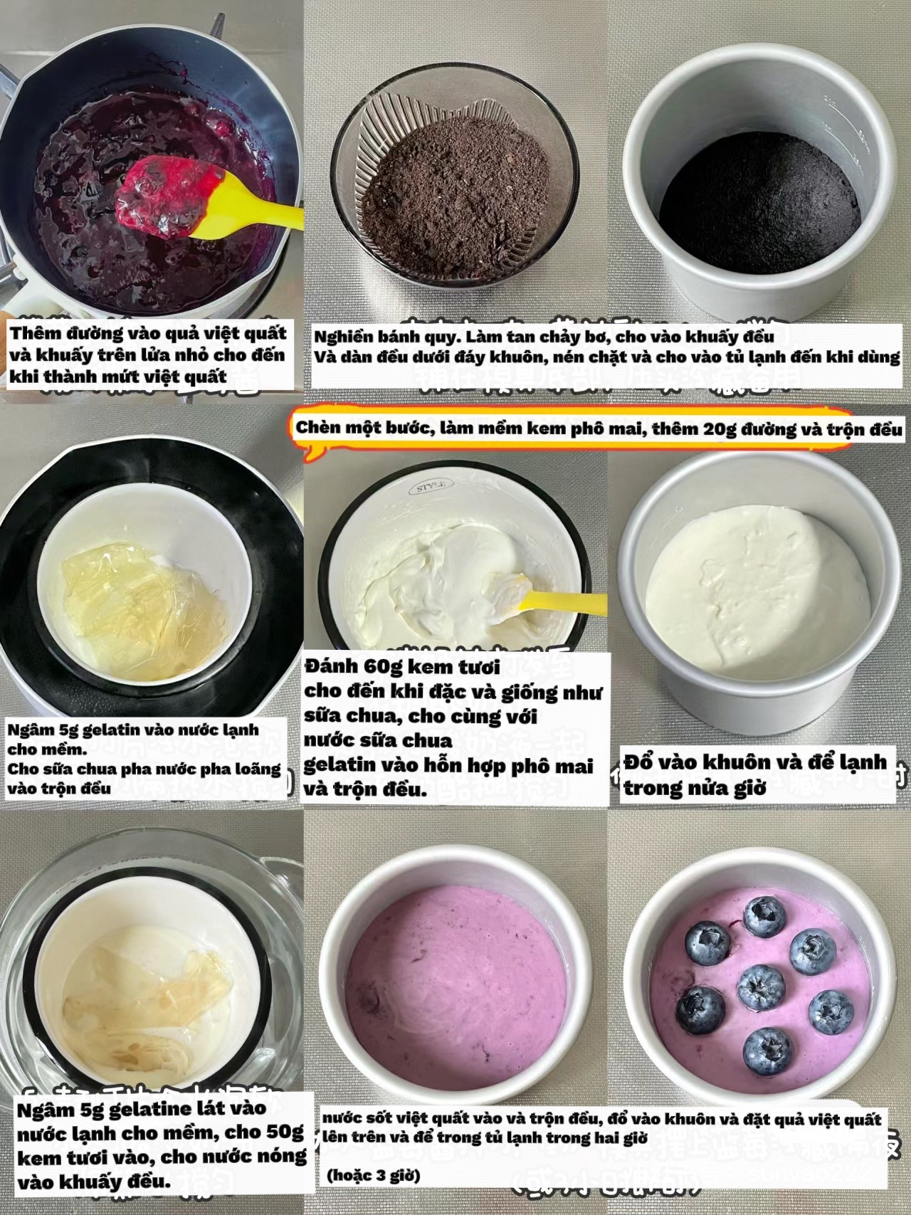 Hướng dẫn làm bánh phô mai việt quất không cần lò nướng, kết hợp mứt việt quất tự làm và lớp kem phô mai mịn màng