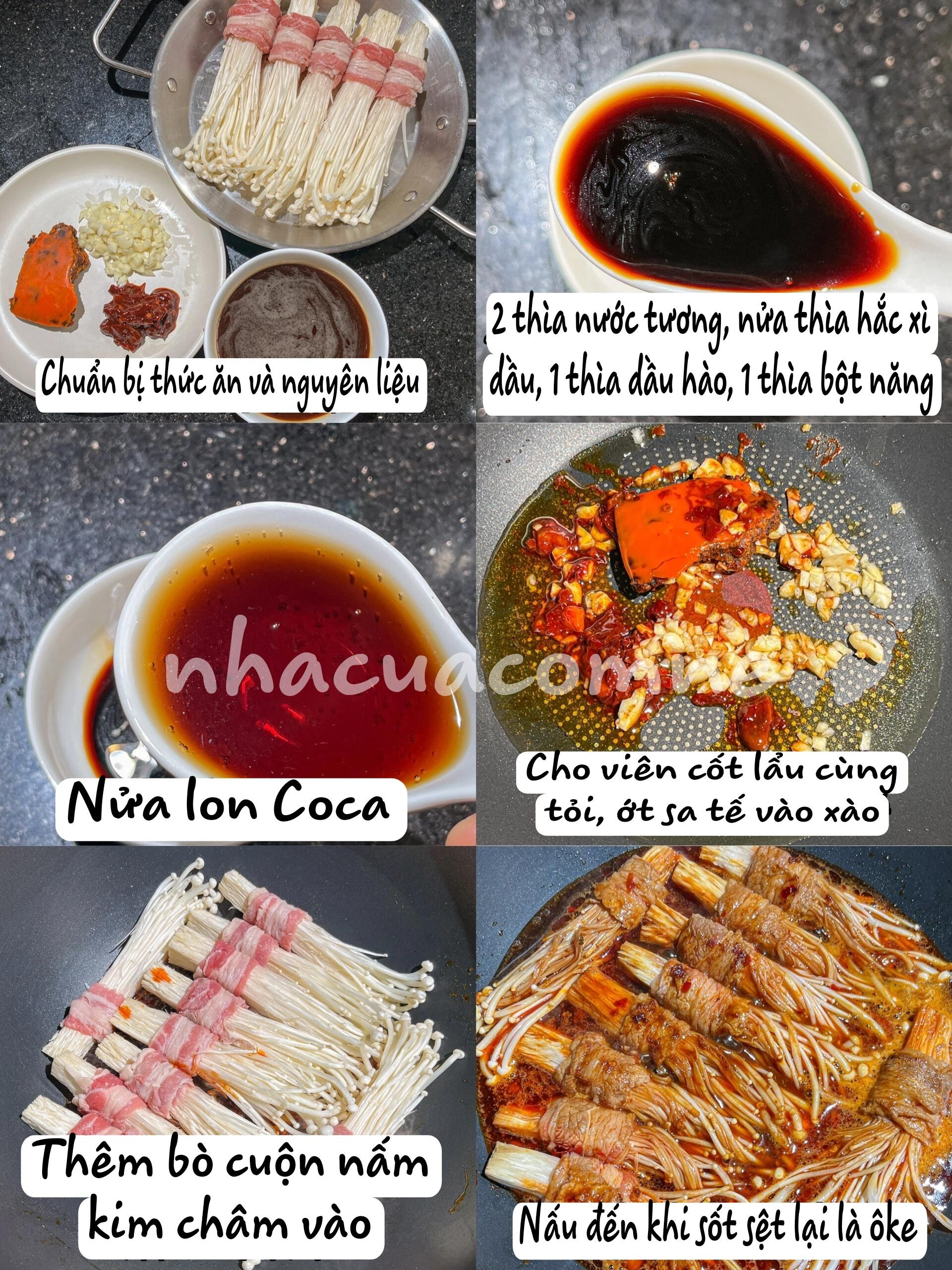 Hướng dẫn làm bò cuộn nấm kim châm sốt Coca cay ngon tuyệt
