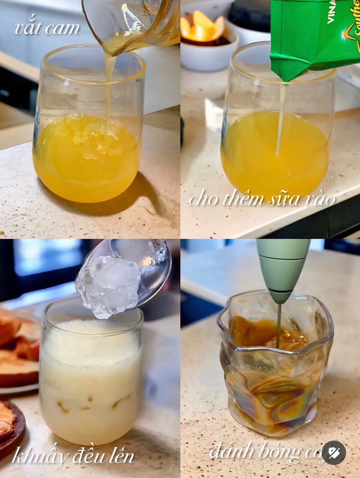 Hướng dẫn làm Cà phê Cam sữa: Kết hợp nước cam tươi, sữa và cà phê đánh bông tạo vị ngon lạ