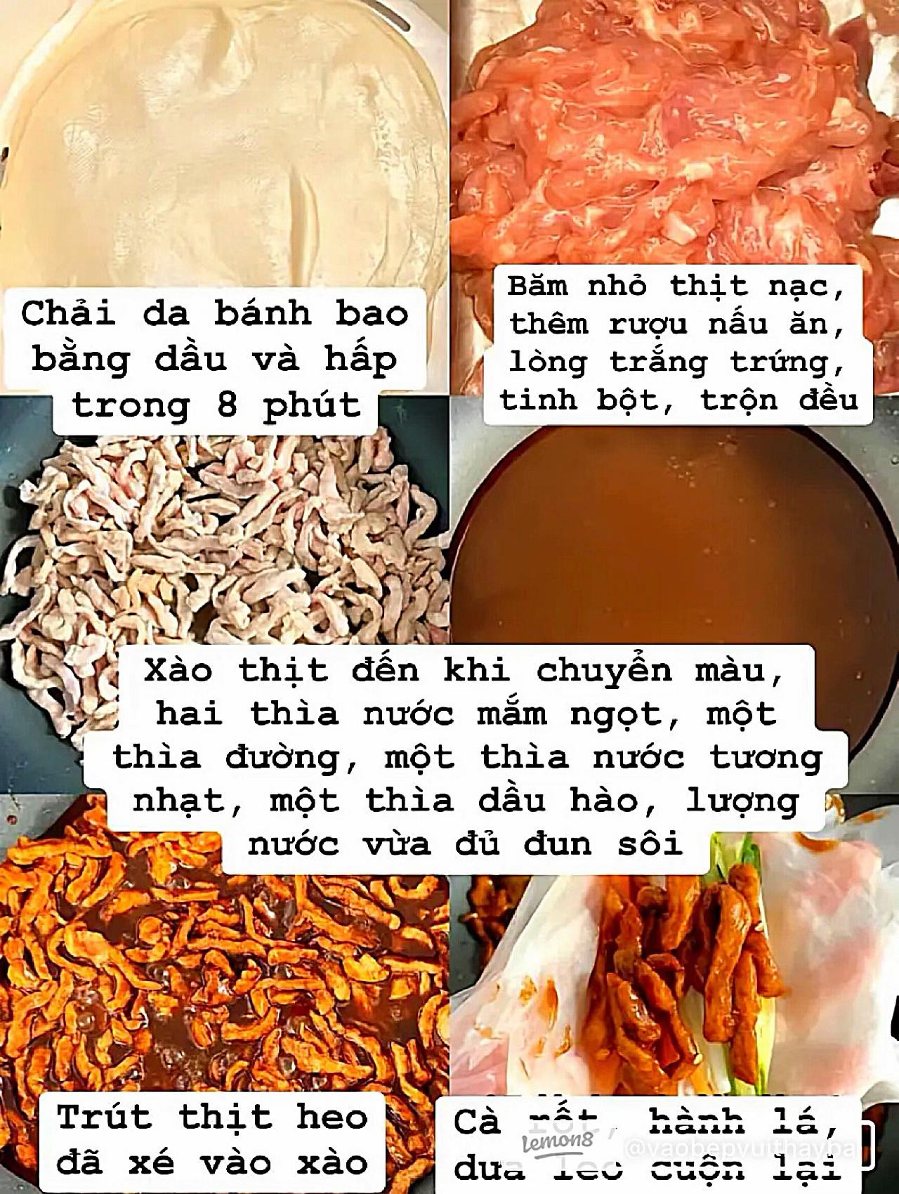 Hướng dẫn làm Chả Giò Heo Xé sốt Bắc Kinh với thịt heo xé sợi, cà rốt và rau sống cuốn bánh bao hấp