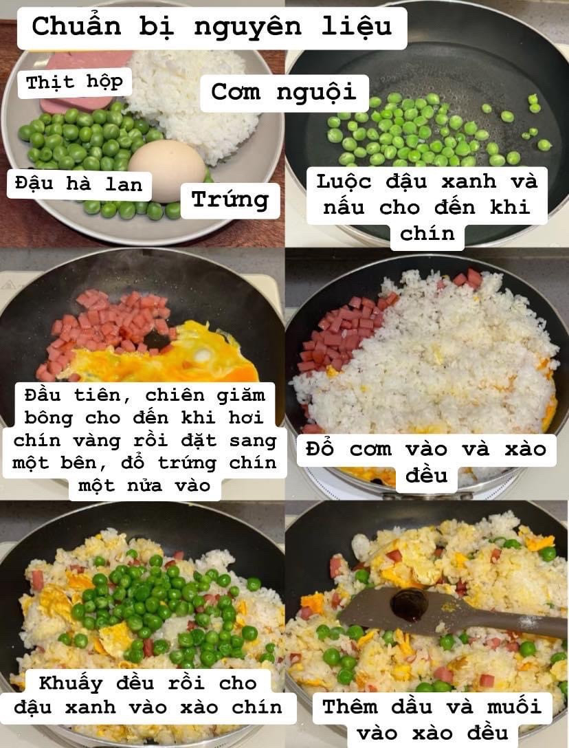 Hướng dẫn làm cơm chiên thập cẩm với thịt hộp, trứng và đậu hà lan