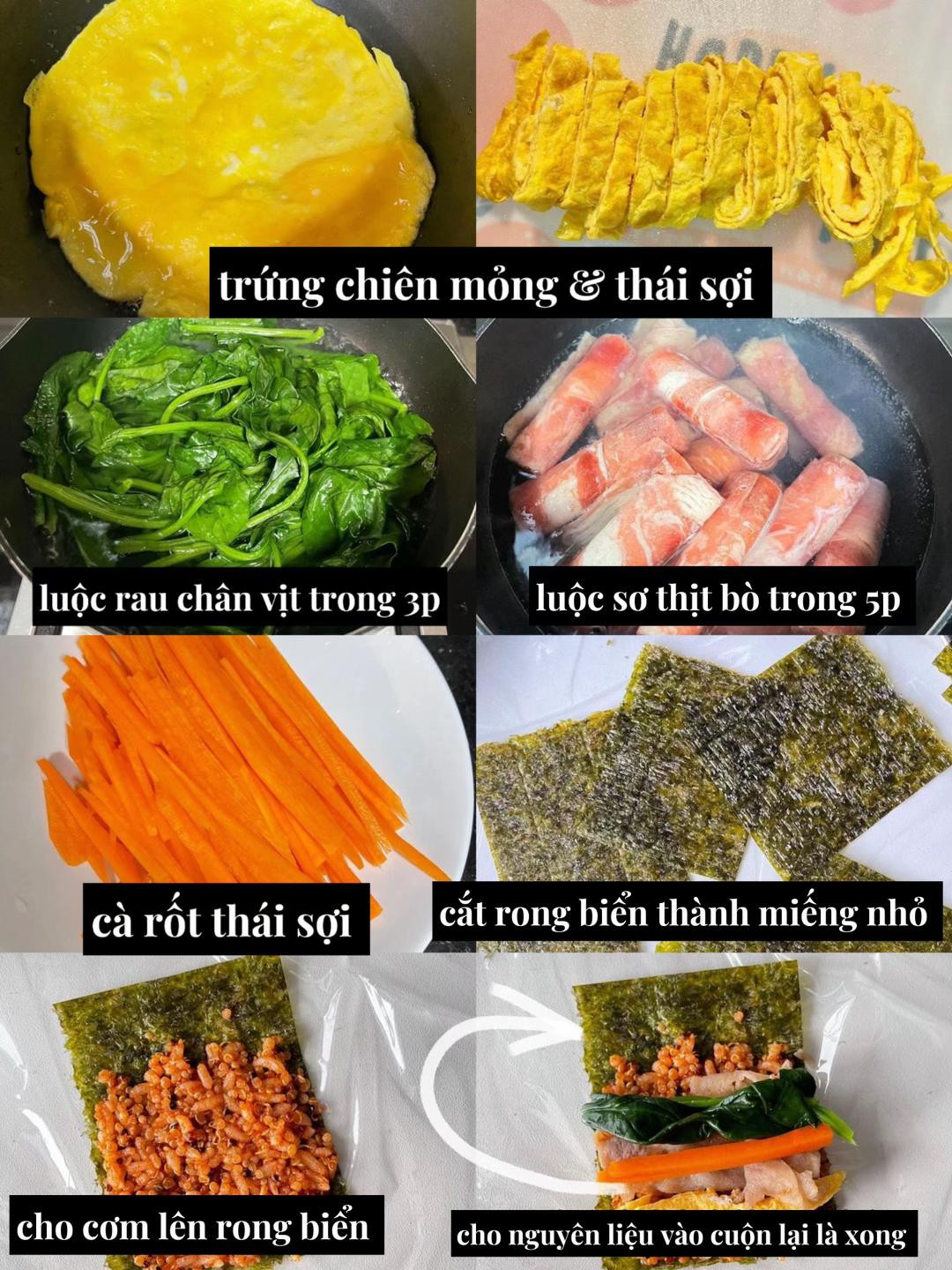 Hướng dẫn làm cơm cuộn rong biển nhân thịt bò, trứng và rau chân vịt siêu ngon, món ăn dặm tiện lợi mang đi làm