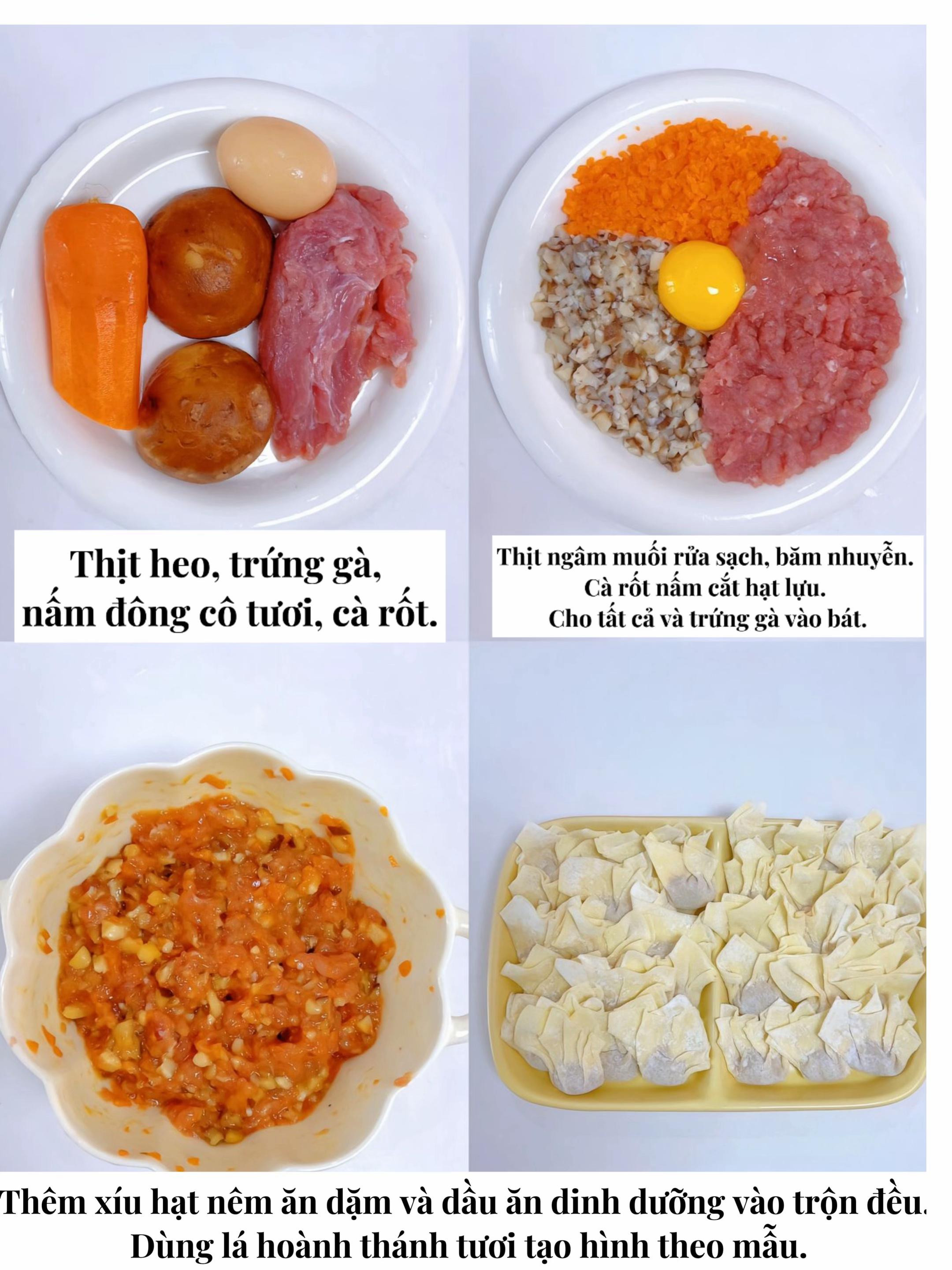 Hướng dẫn làm hoành thánh thịt heo nấm đông cô, cà rốt cho bé ăn dặm từ 8 tháng tuổi