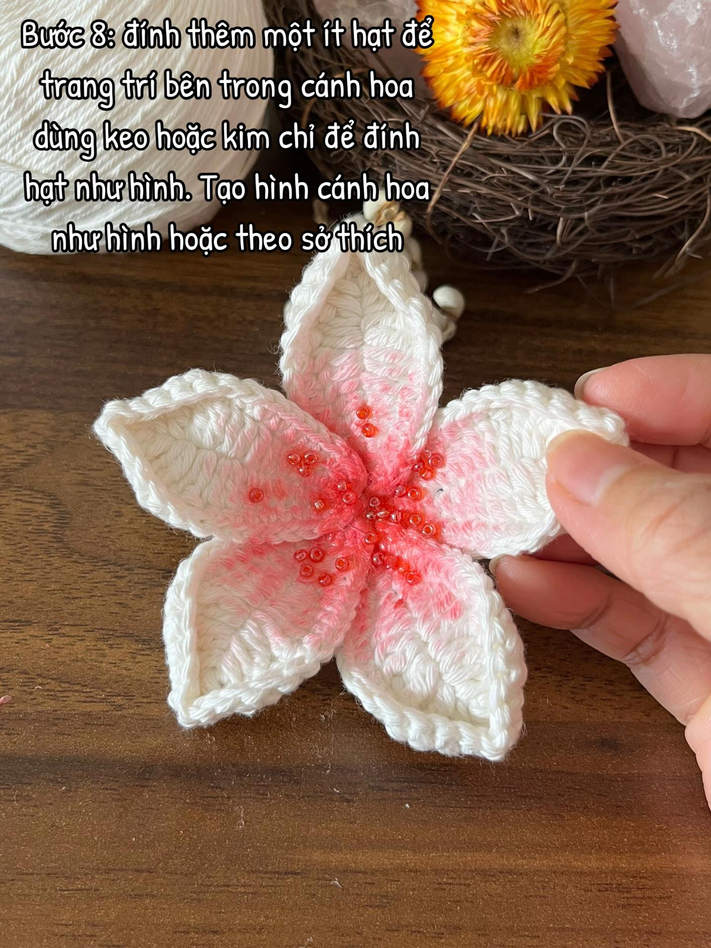 Hướng dẫn làm kẹp tóc hoa sứ móc len màu trắng hồng