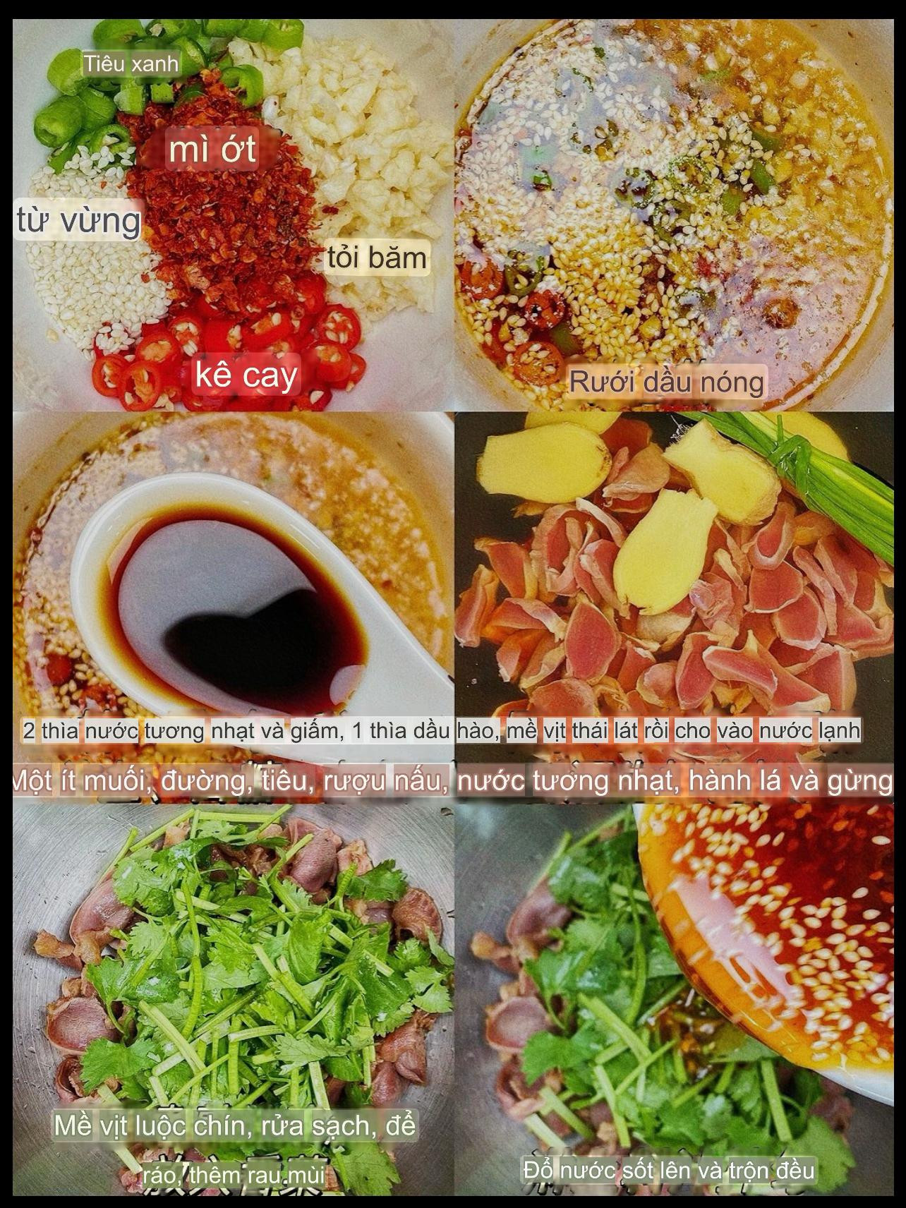 Hướng dẫn làm mề vịt xào rau mùi với sốt dầu nóng, tỏi băm, ớt và mè rang giòn