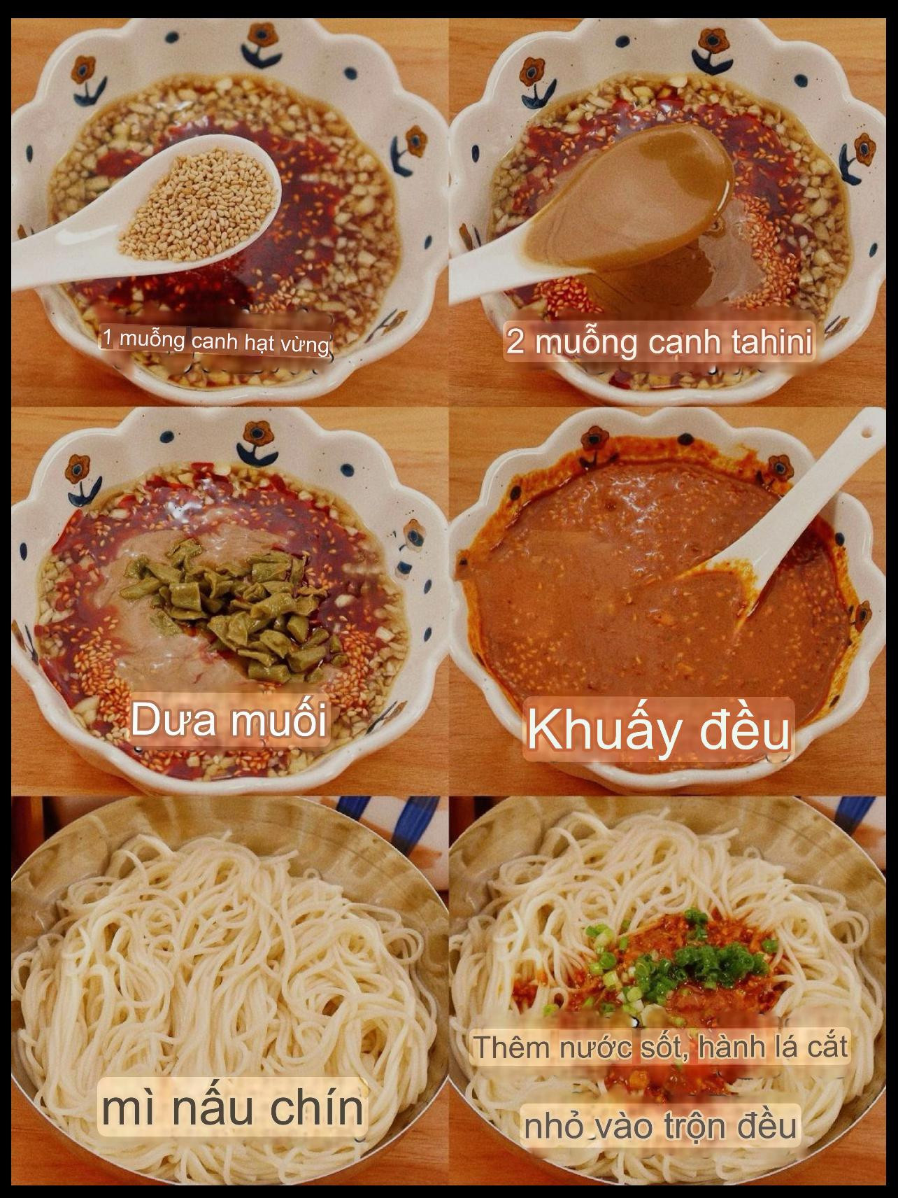 Hướng dẫn làm mì trộn sốt tahini cay với tỏi băm, dầu ớt và dưa muối chua giòn